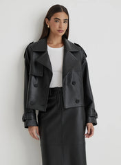 Black Faux Leather Cropped Trench Coat