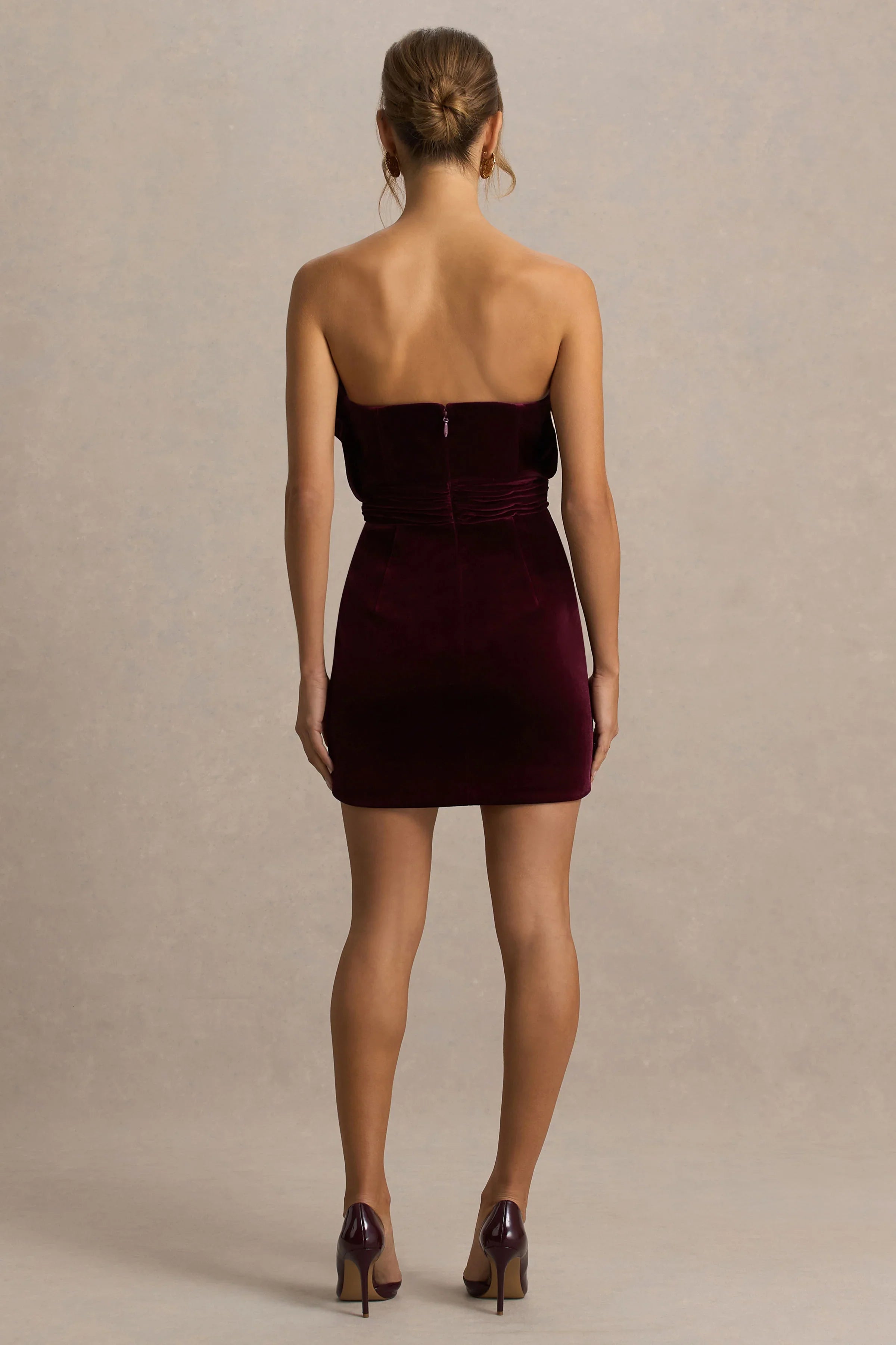 Polly Burgundy Velvet Ruffled Strapless Mini Dress