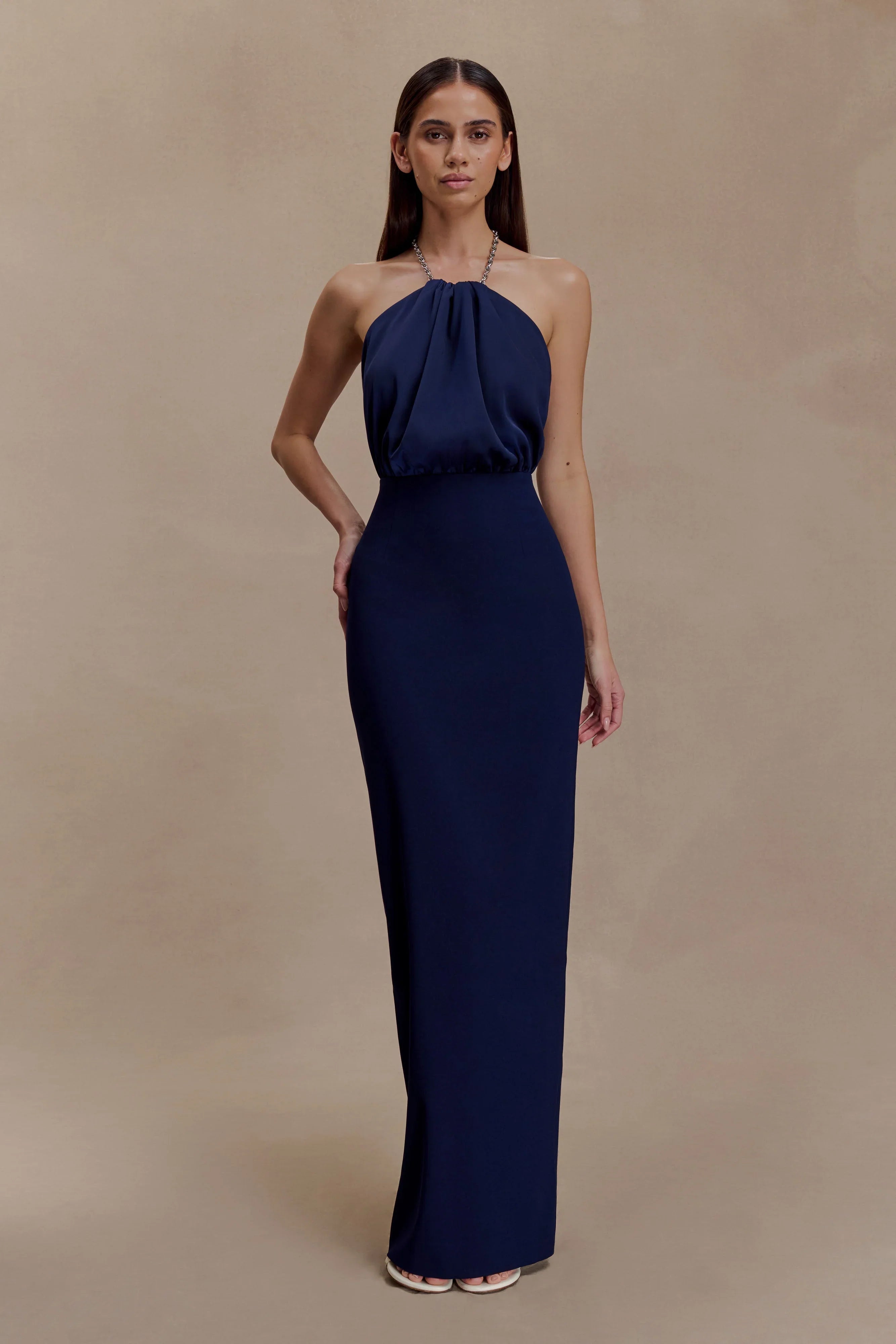 Elina Satin Necklace Maxi Dress Navy