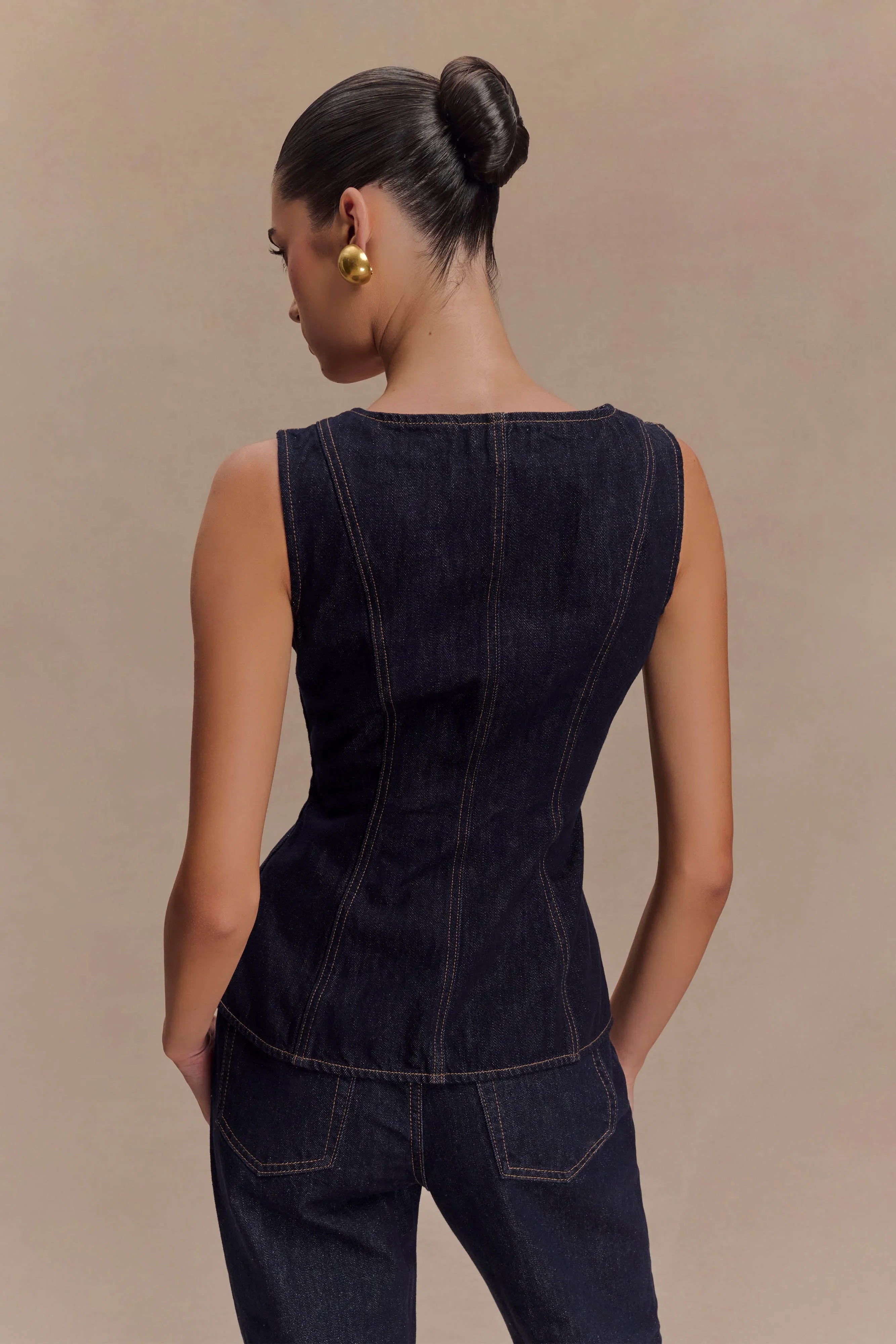 Neve Sleeveless Buttoned Denim Top Washed Indigo Blue