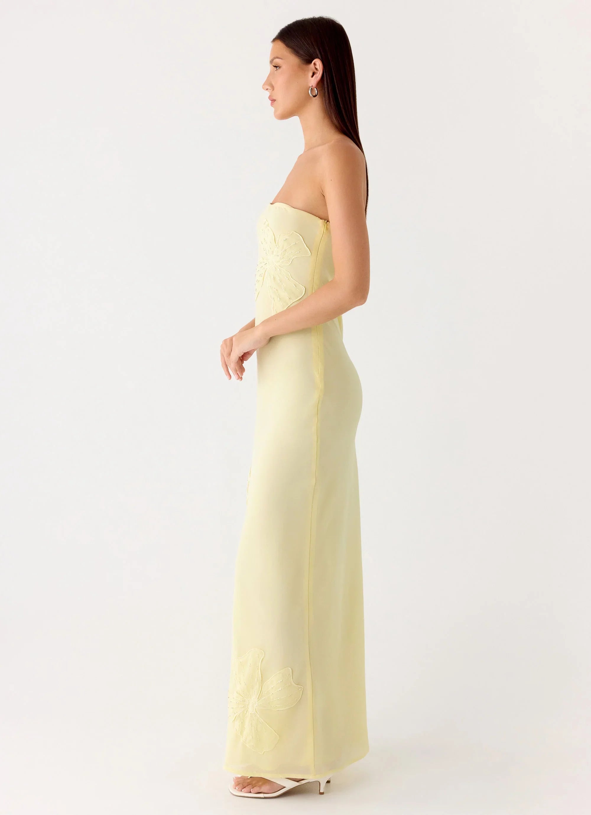 Sassafras Beaded Flower Strapless Maxi Dress Yellow