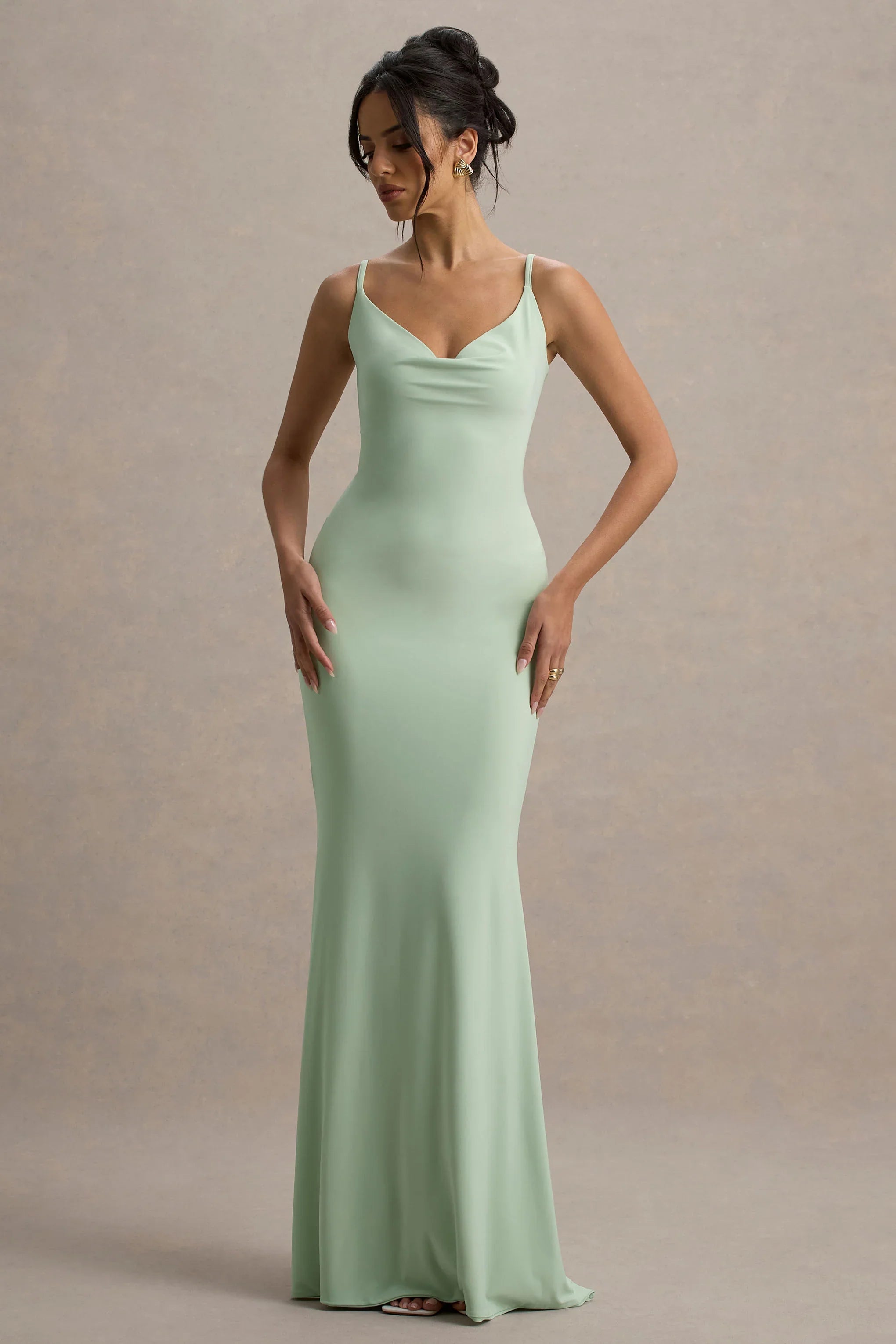 Francoise Light Green Cowl Neck Backless Maxi Dress With Lace Insert