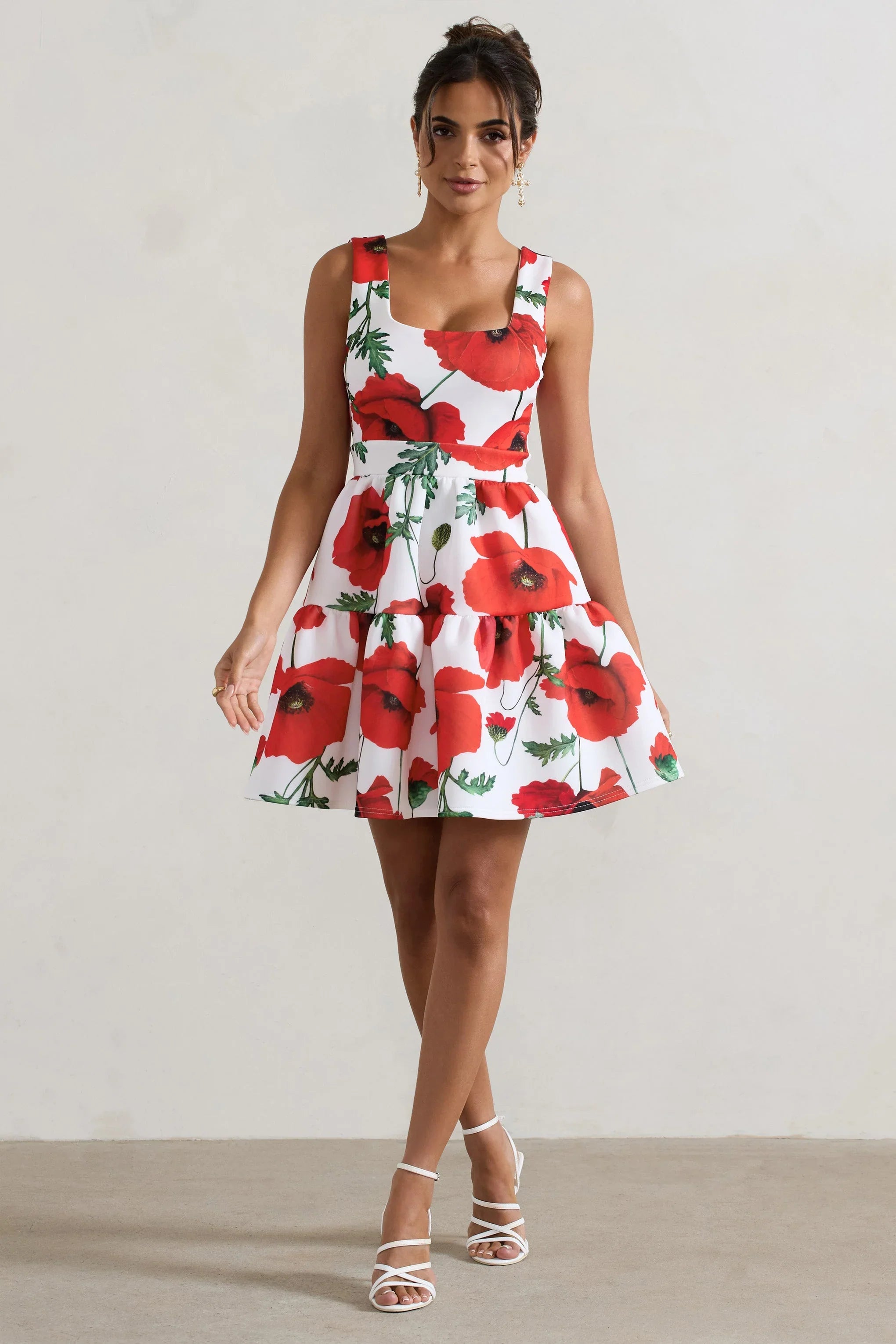 Alia Poppy Print Scoop Neck Tiered Volume Hem Mini Dress