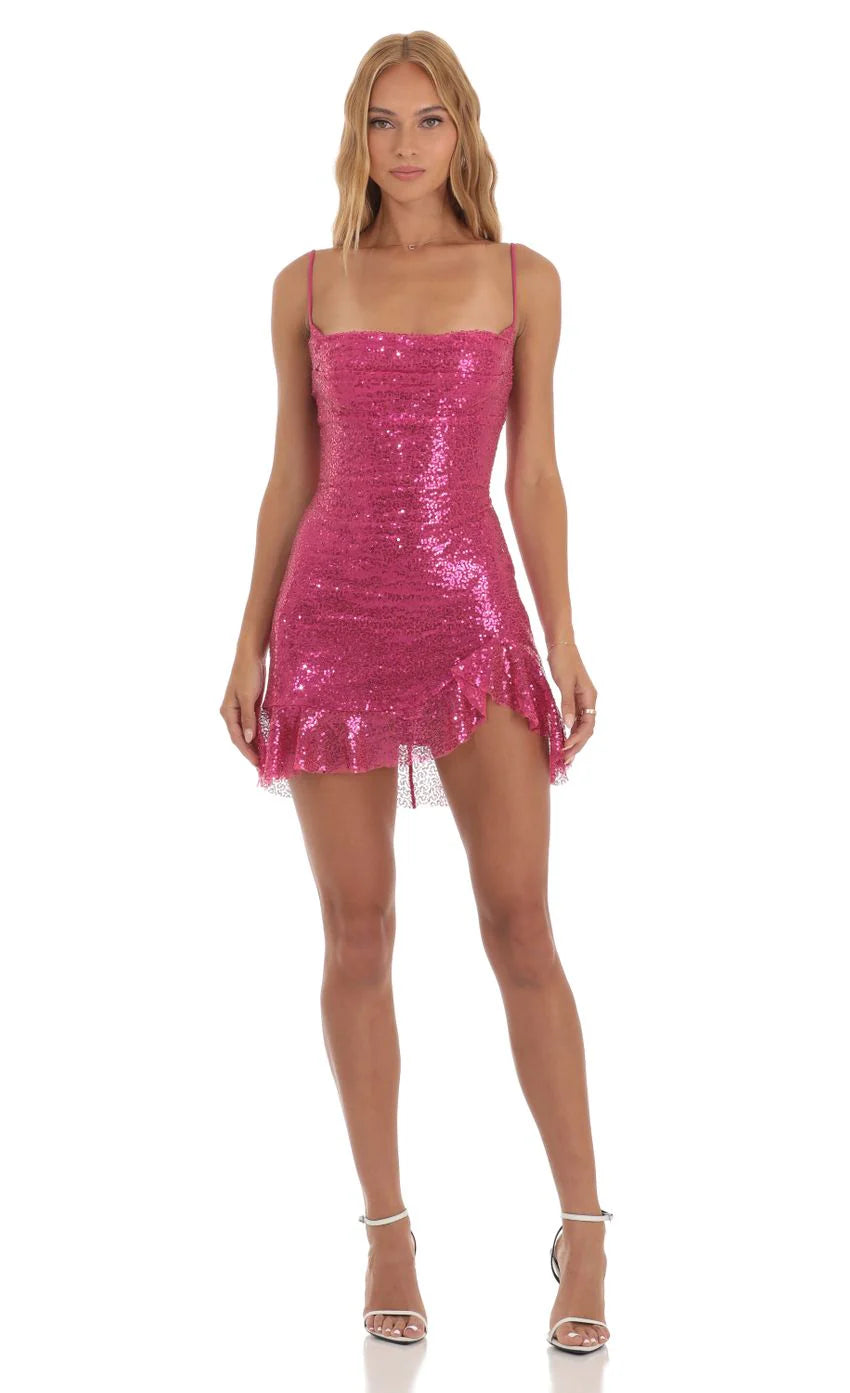 Sequin Ruffled Slit Dress in Pink