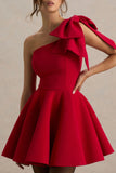 Prosperity Red Asymmetric Neck Mini Dress With Bow Detail