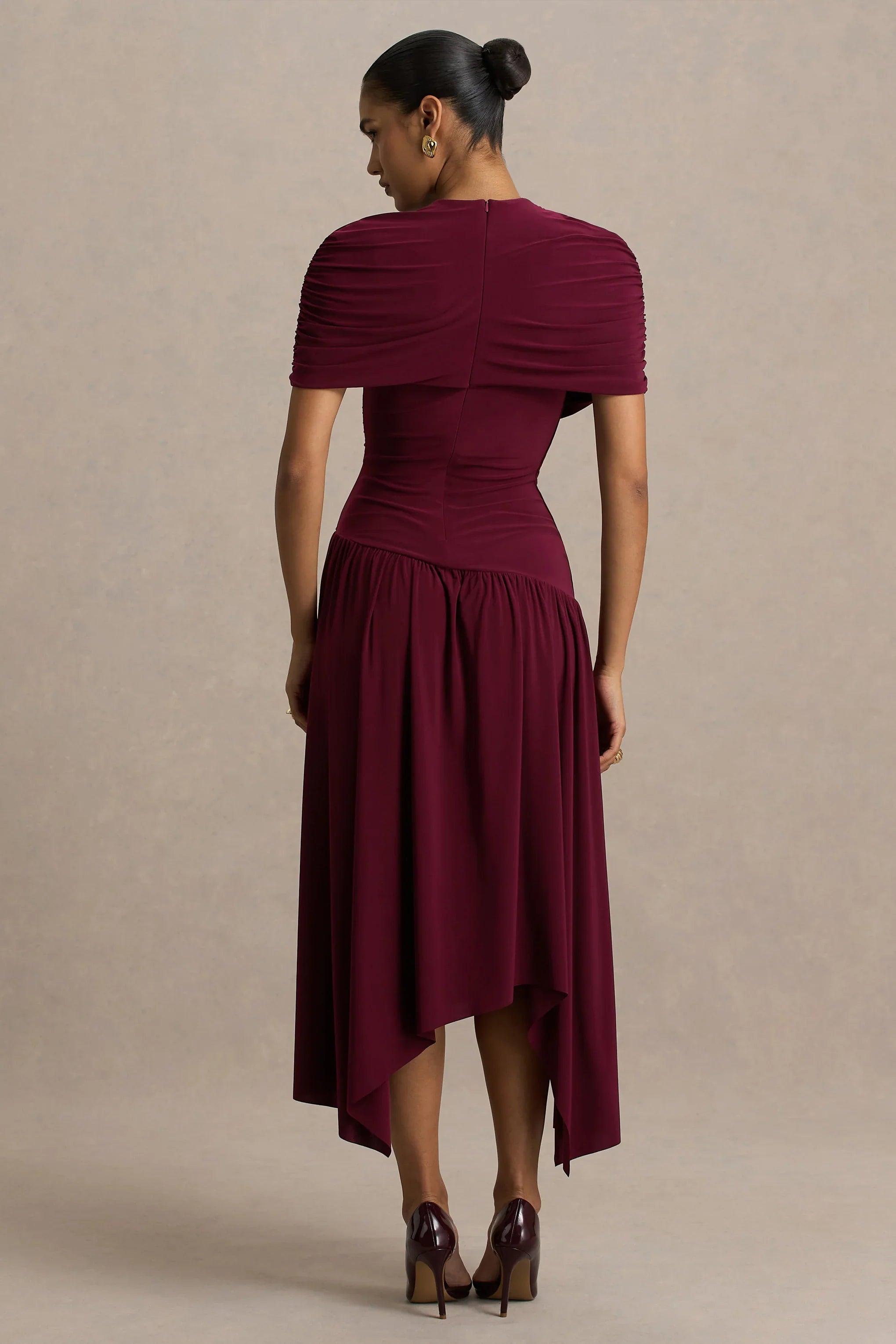 Ione Burgundy Wrapped Midi Dress With Hanky Hem