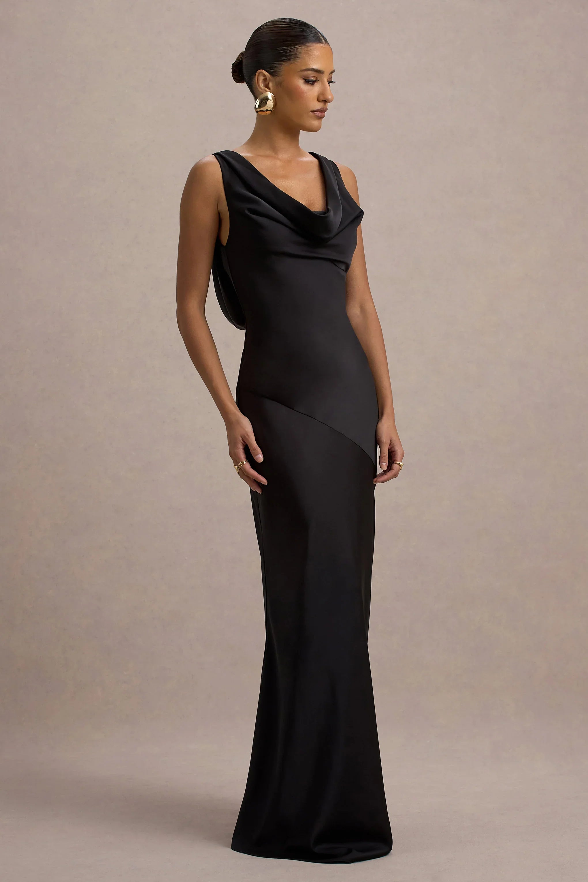 Alesso Black Satin Cowl Neck Slip Maxi Dress