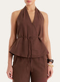 Brown Linen Blend Halterneck Sleeveless Peplum Top