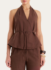Brown Linen Blend Halterneck Sleeveless Peplum Top