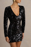 Ritz Black Sequin Plunge Neck Mini Dress With Long Sleeves
