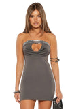 Theo Grey Cowl Neck Sequin Trim Mini Dress