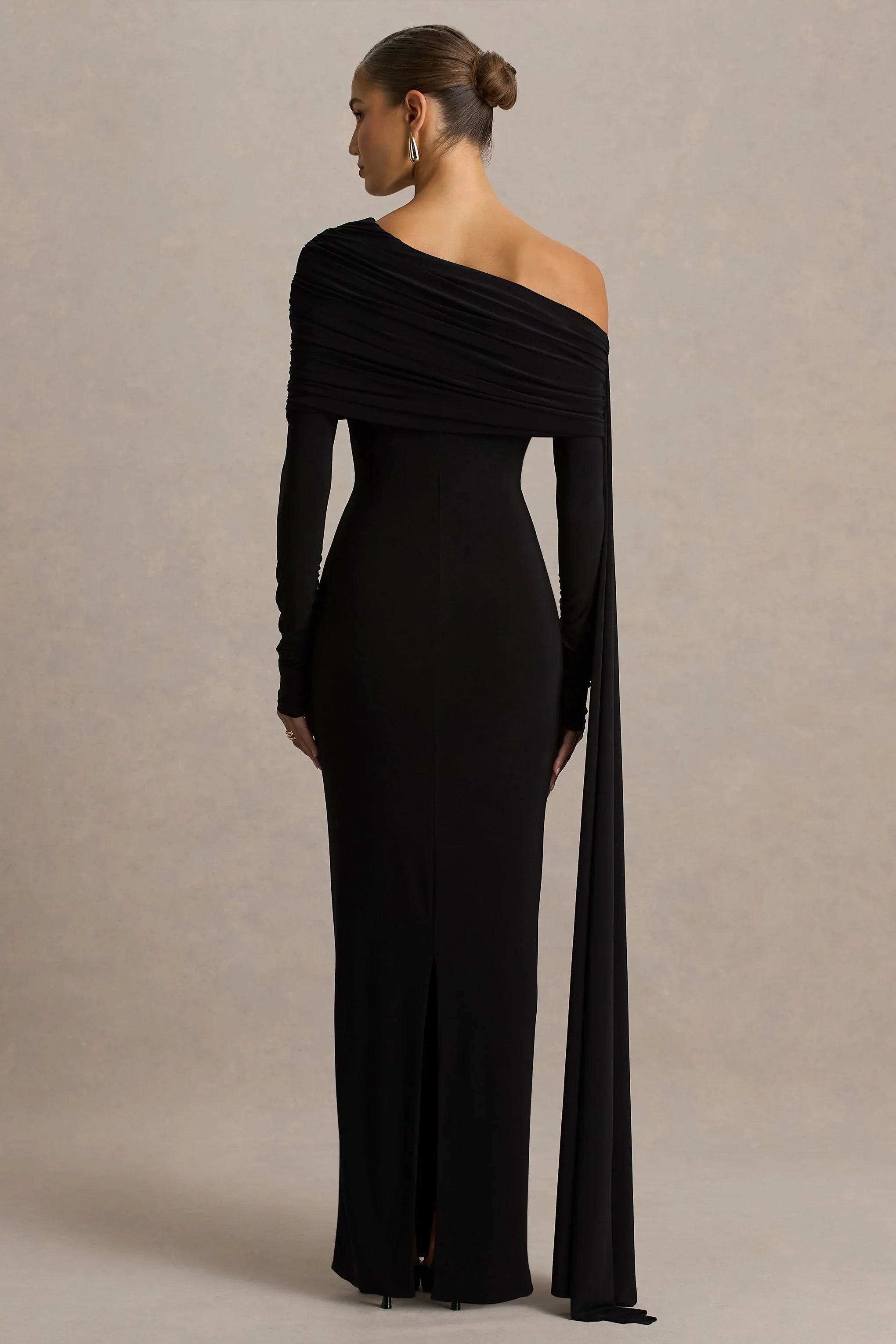 Octavia Black Bardot Neck Maxi Dress With Cape And Ruched Detailing