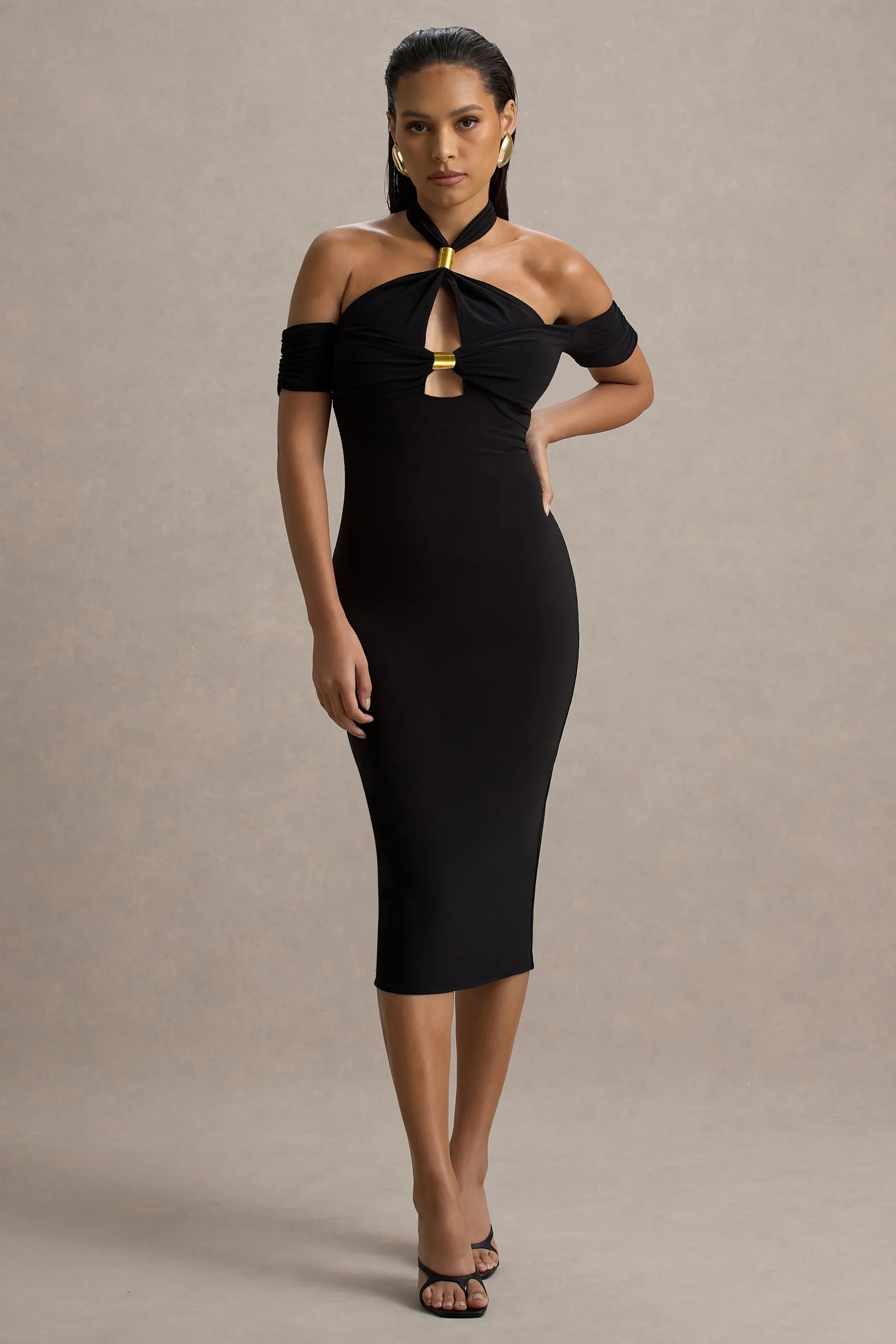 Selvina Black Cut Out Halter Neck Midi Dress