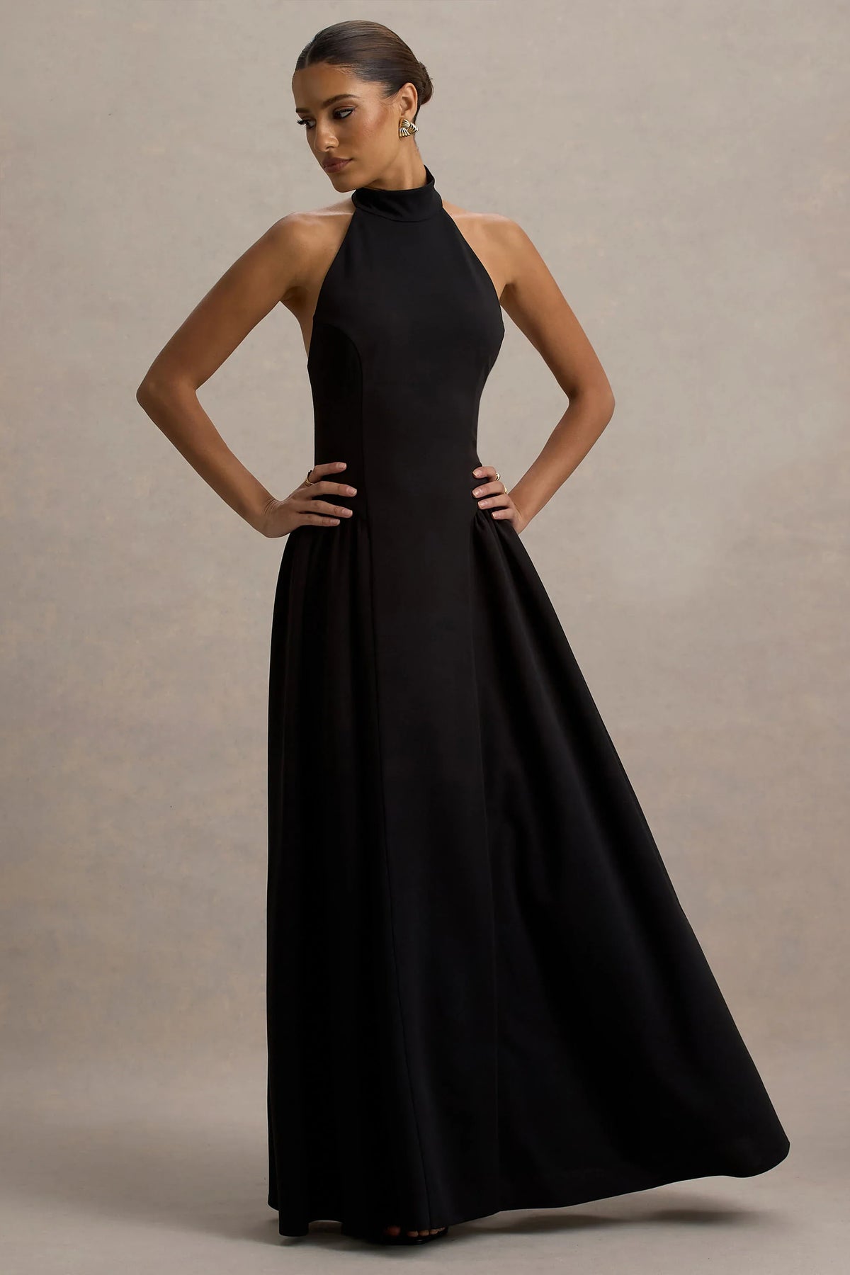 Cynthia Black High Neck Maxi Dress With Volume Skirt