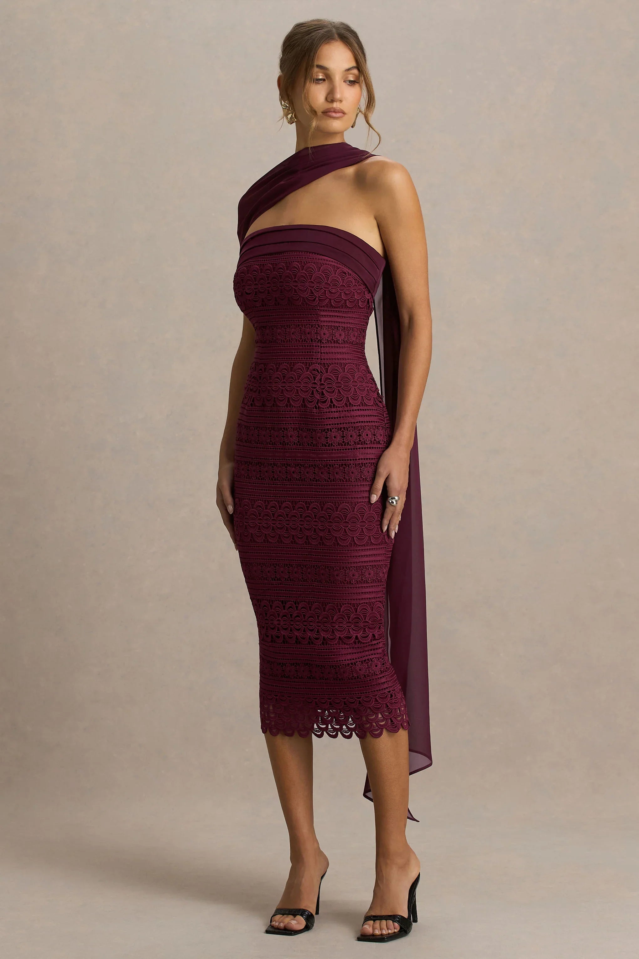 Secret Burgundy Bandeau Lace Midi Dress With Scarf Detail