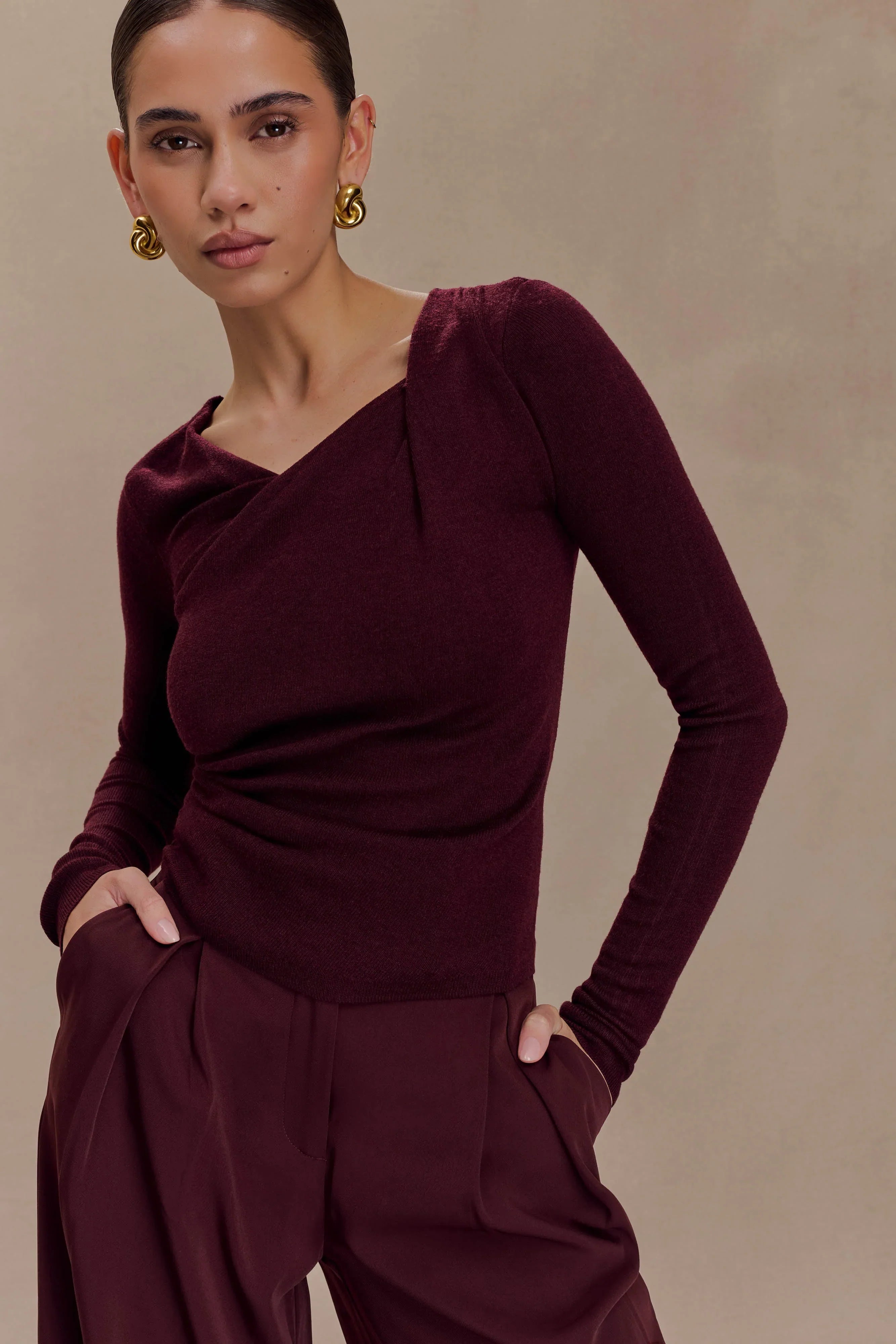 Culver Draped Twist Knit Top Wine