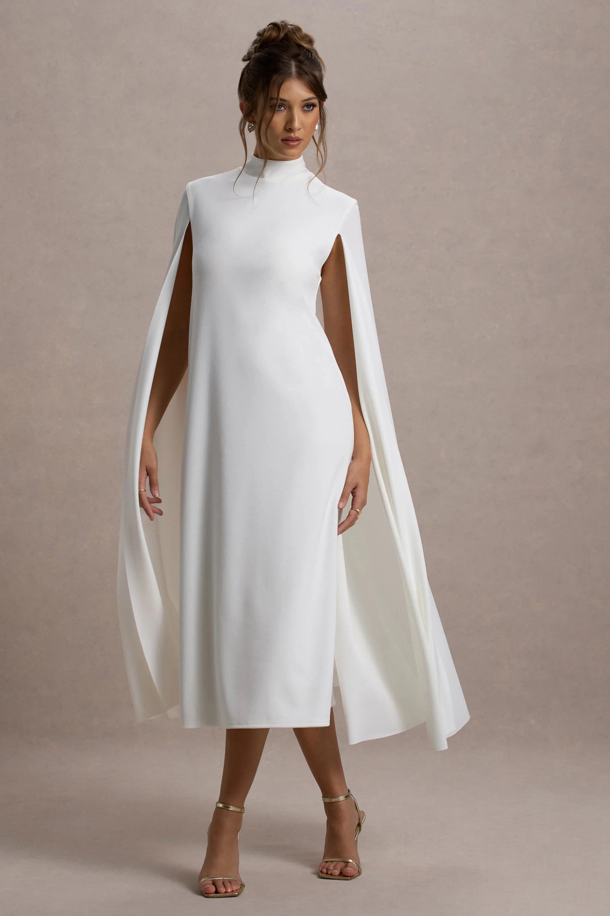Carnation White Long Sleeve Midi Dress With Cape