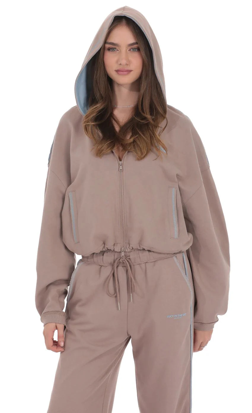 Two Toned Cropped Hoodie in Taupe