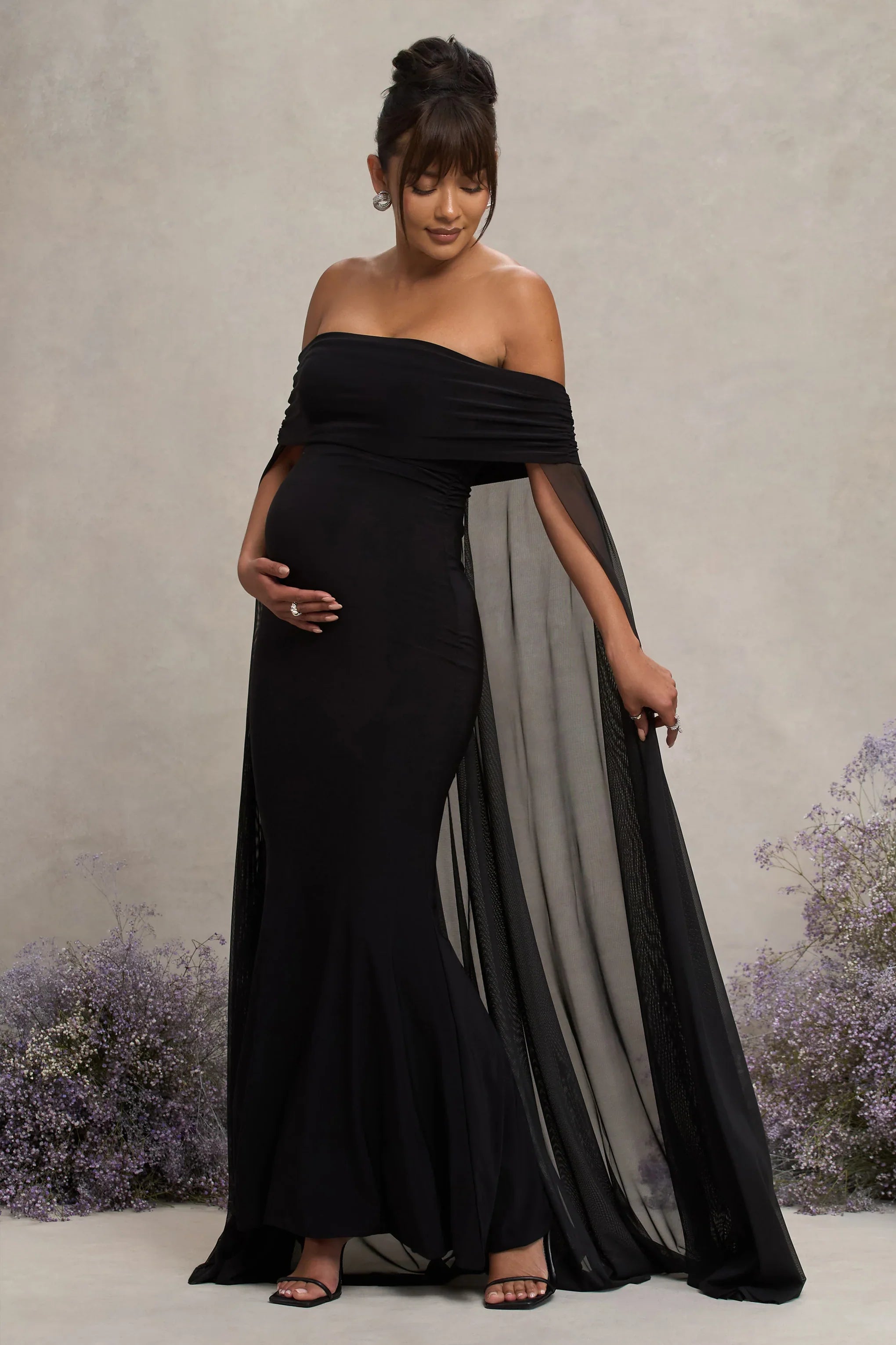Carlotta Black Bardot Maternity Maxi Dress With Chiffon Cape