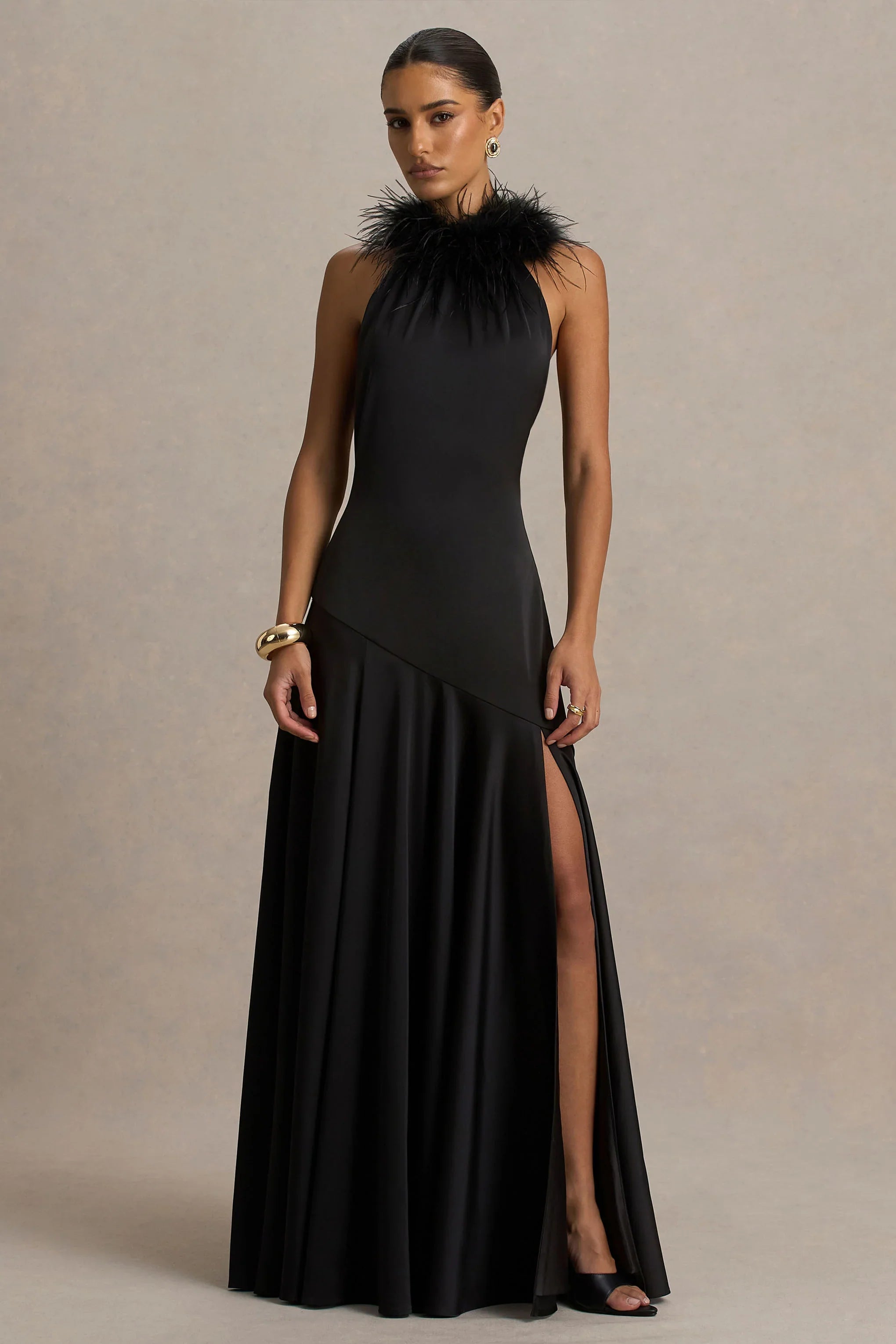 Jemima Black Satin Halter Neck Maxi Dress With Feather Trim