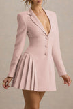 Blossoming Baby Pink Plunge Neck Tailored Mini Dress With Pleating