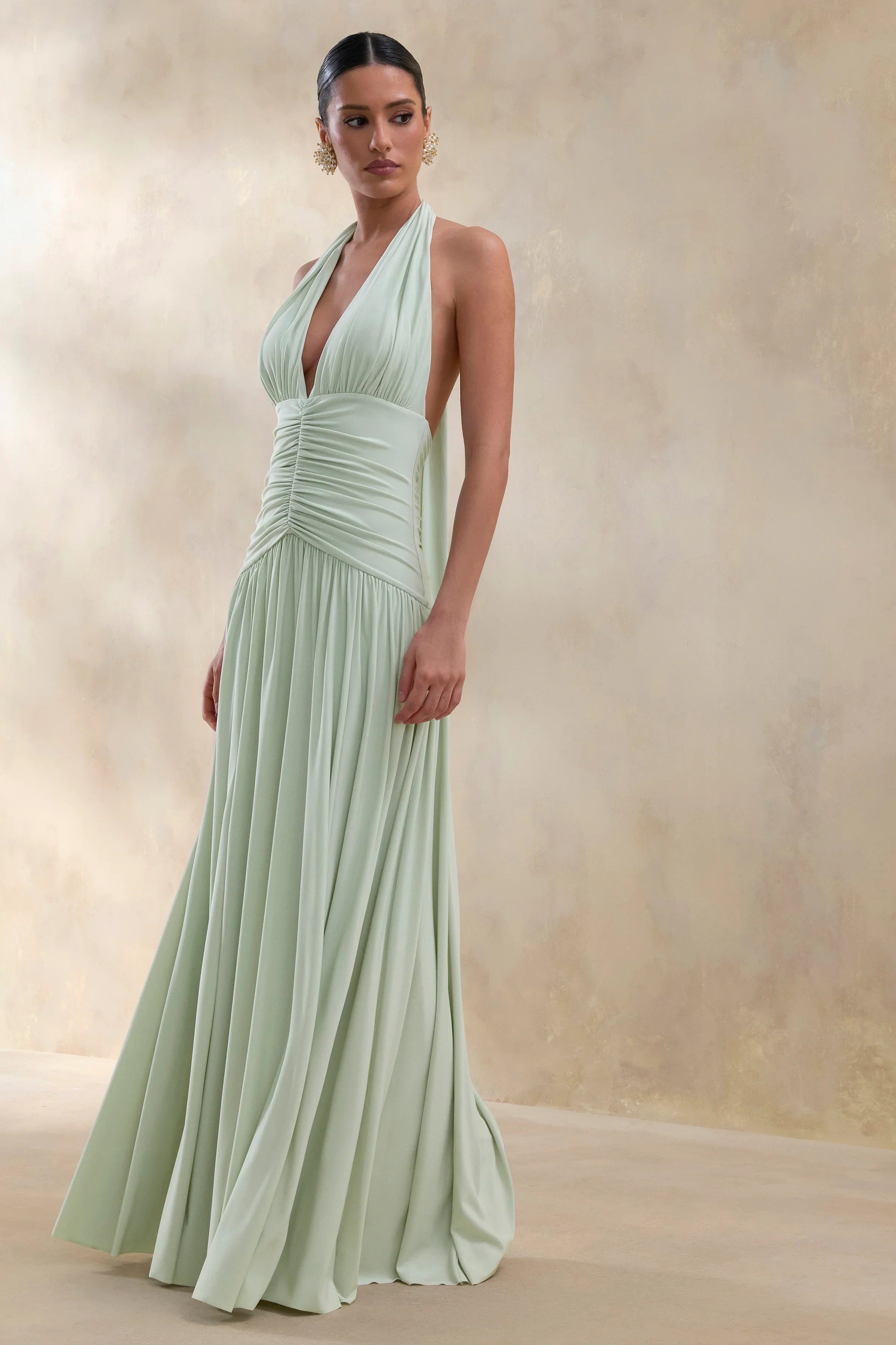 Bettina Sage Plunge Neck Maxi Dress With Gathered Detailing
