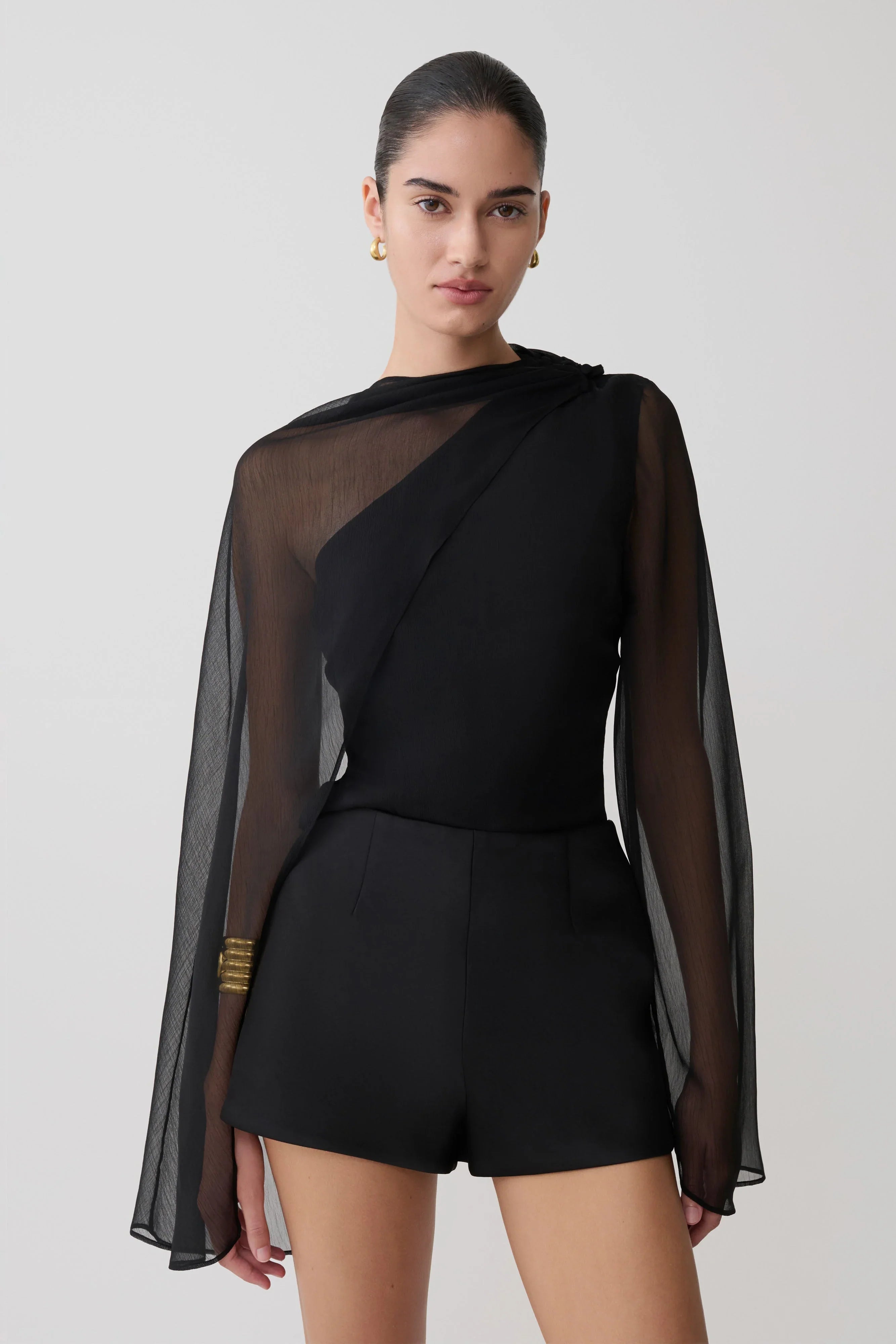 Ida Sheer Asymmetrical Long Sleeve Cape Black
