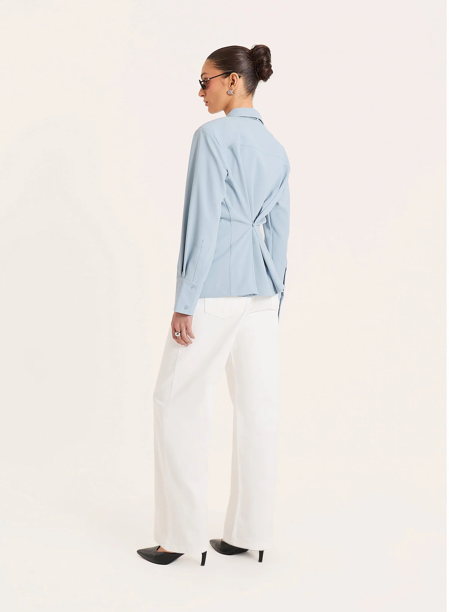 Blue Cinched Waist Tie Detail Shirt