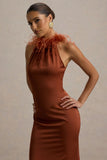 Bianca Rust Satin Feather Trim Maxi Dress