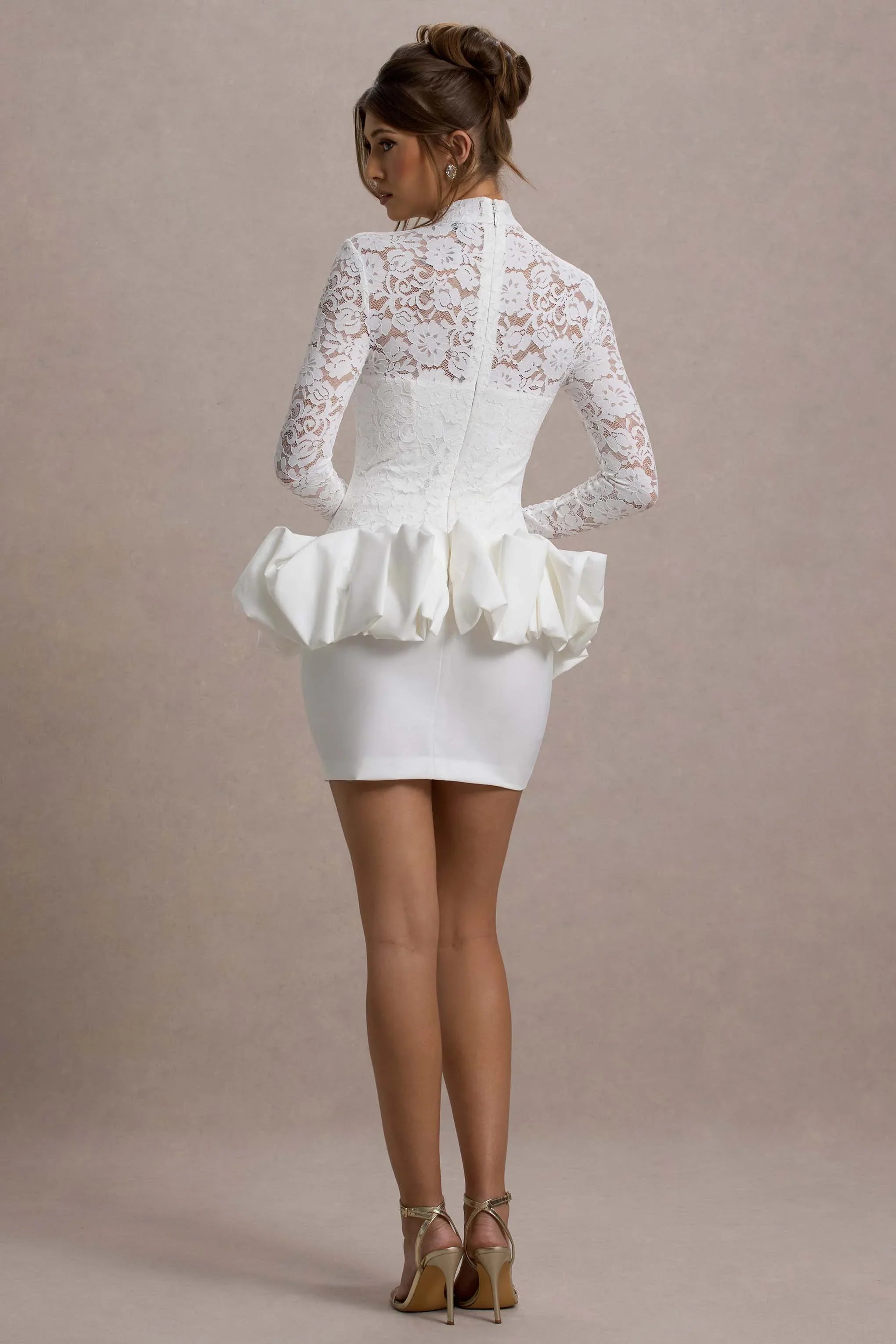 Antheia White Lace Long Sleeve Peplum Mini Dress