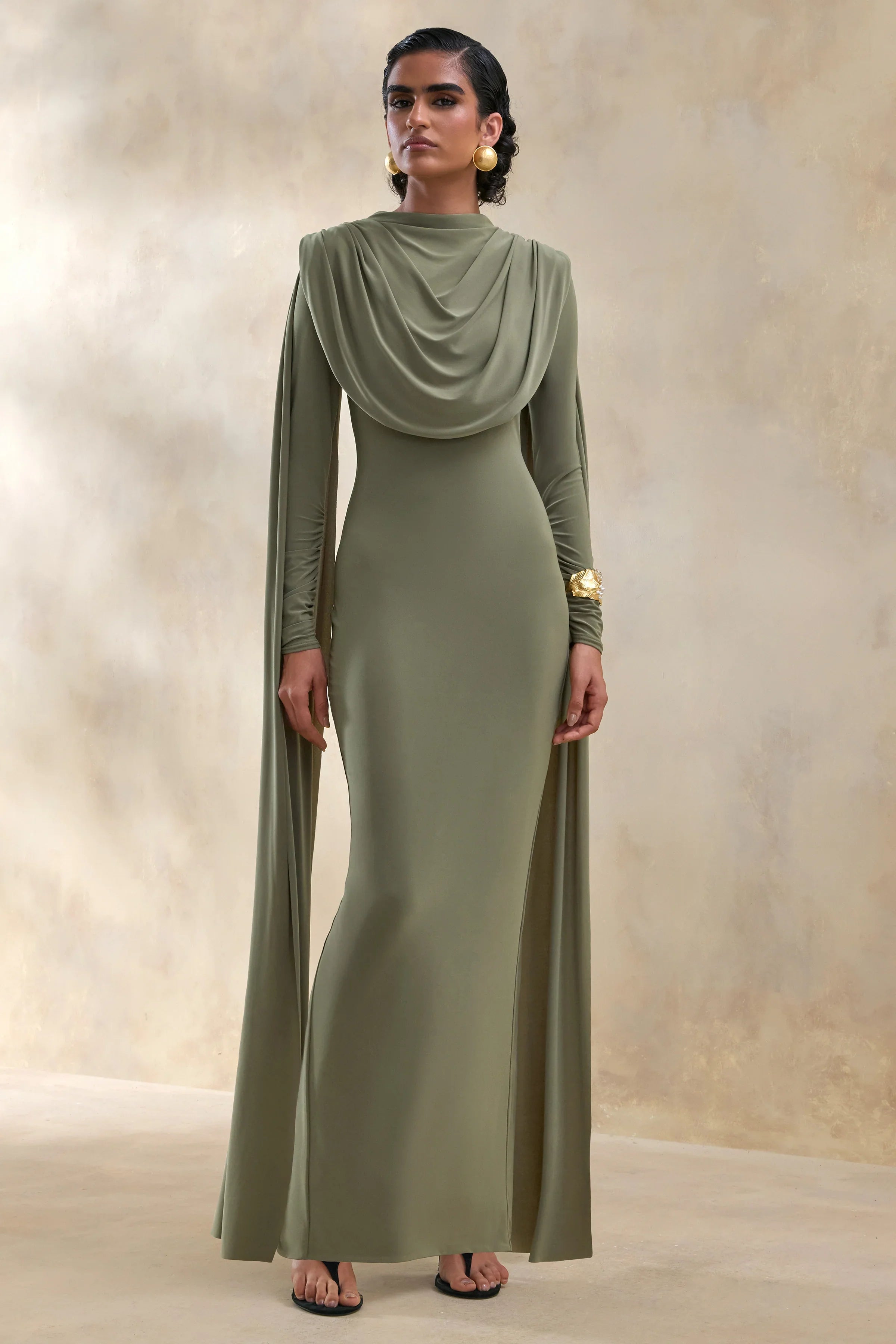 Lysoria Olive High Neck Maxi Dress With Draped Detailing And Cape Sleeves