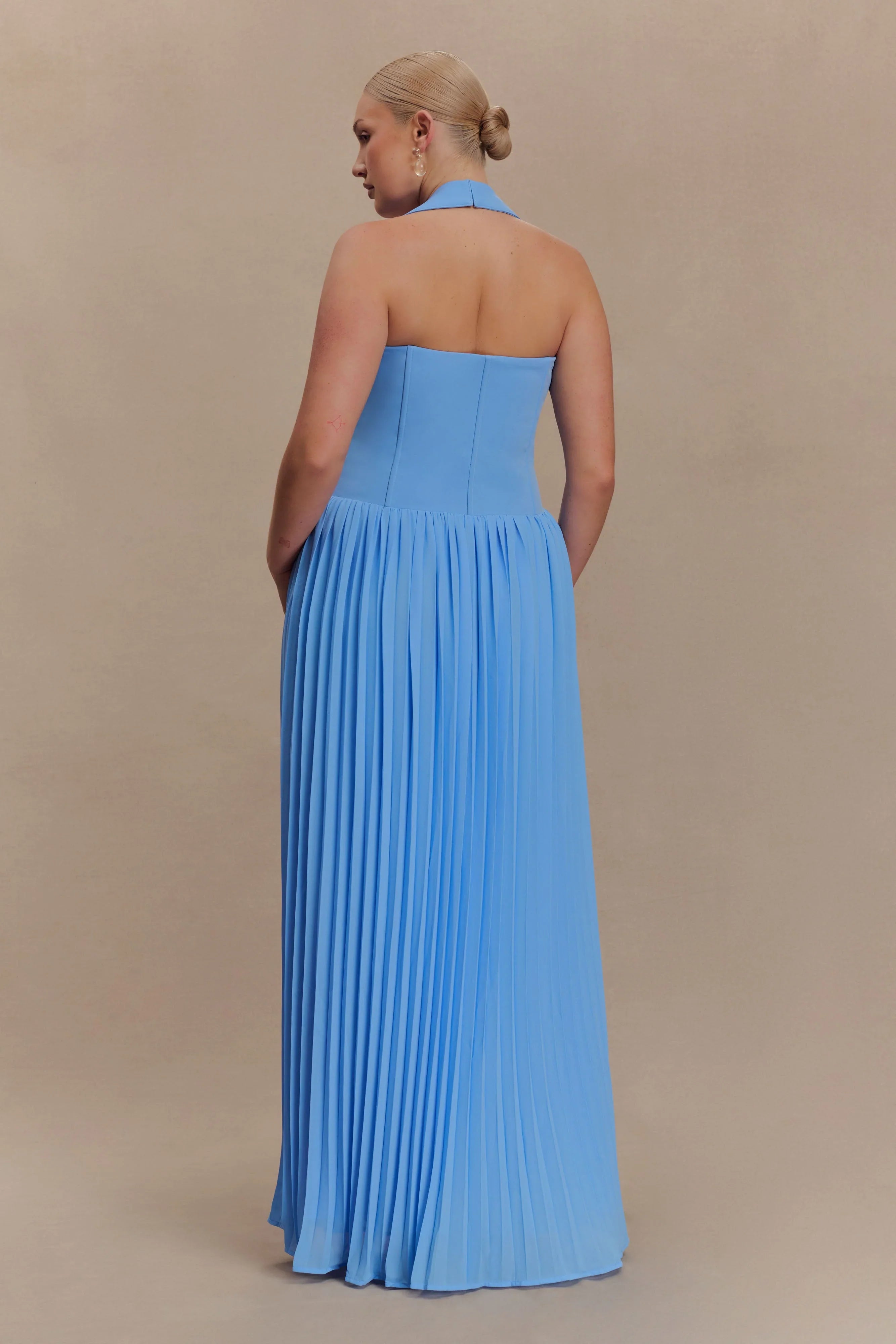 Stacie Pleated Halter Maxi Dress Bright Blue