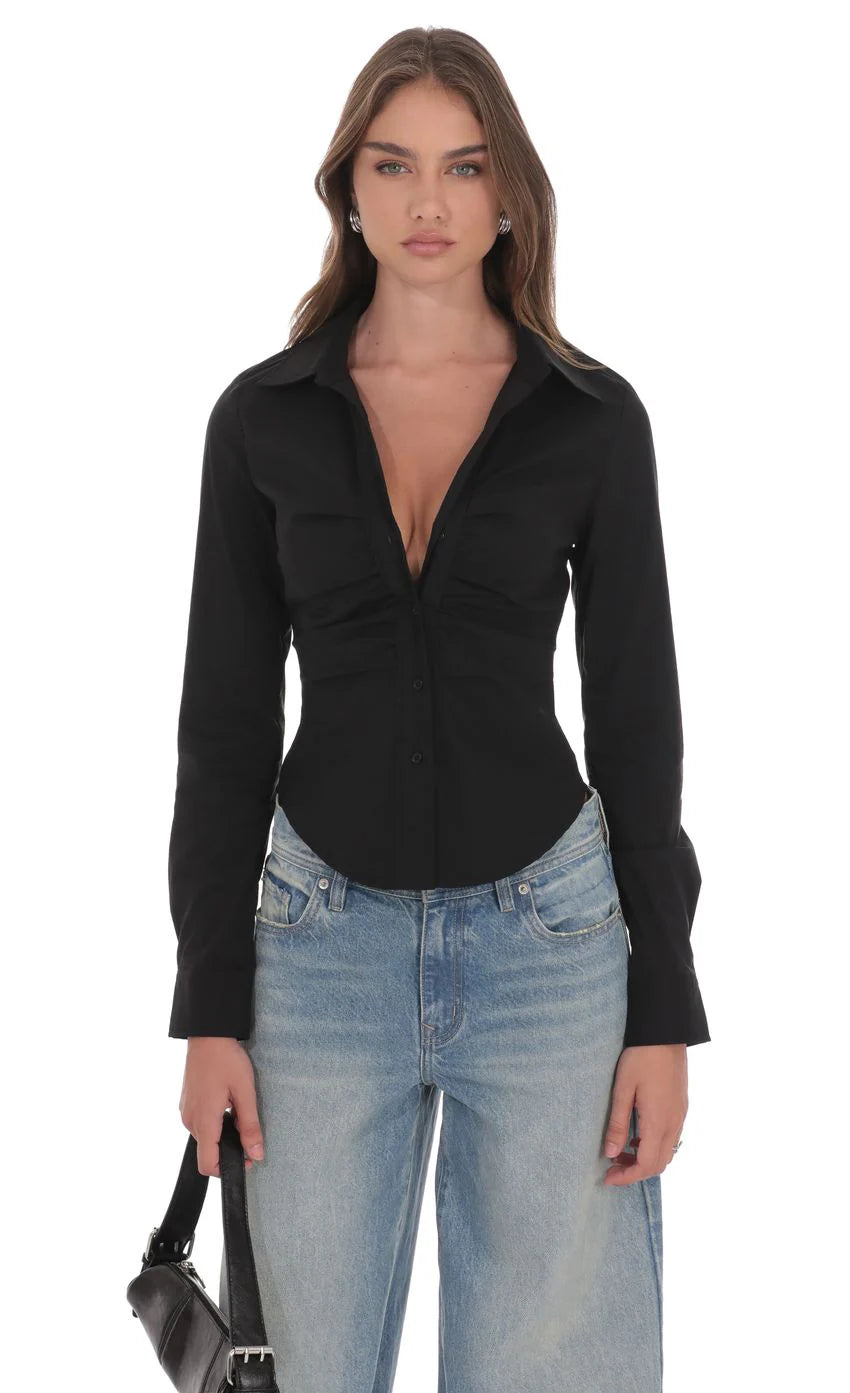 Ruched Button Up Shirt in Black