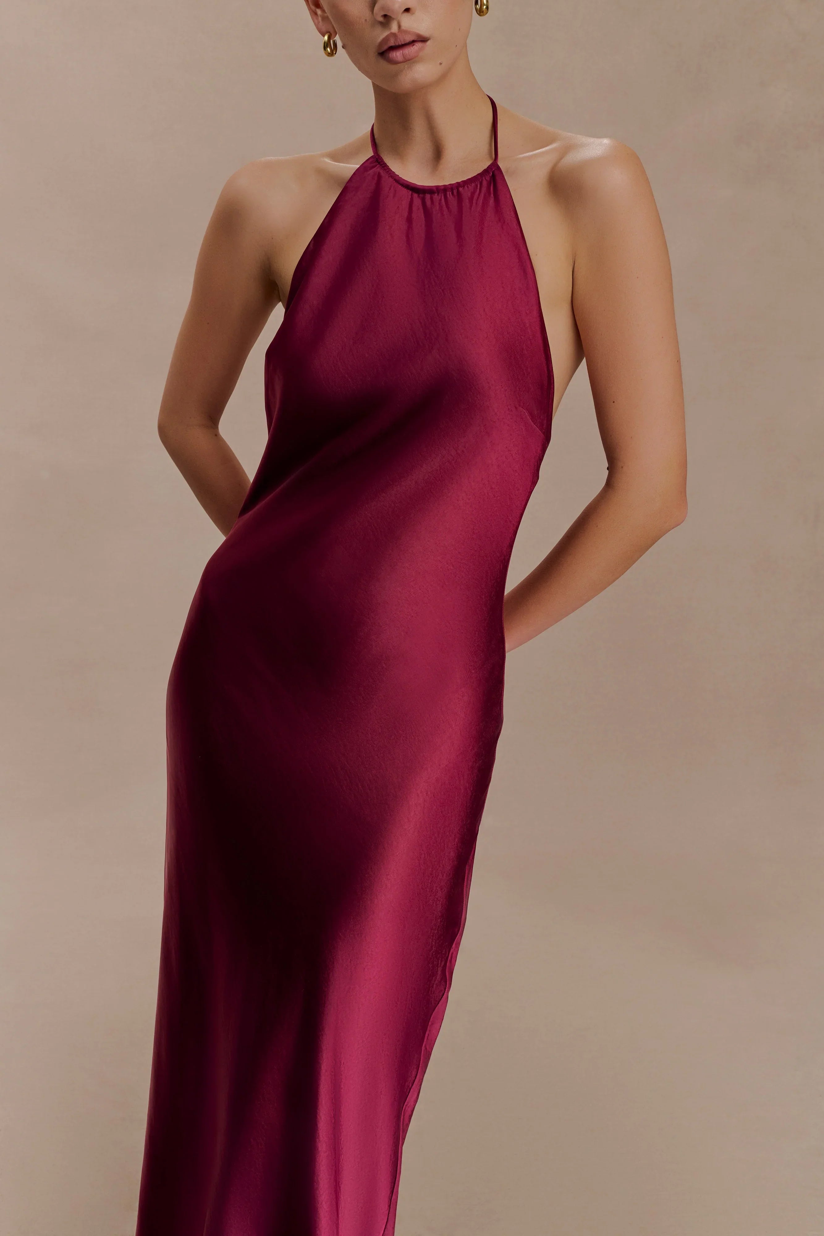 Bella Satin Halter Maxi Dress Mahogany