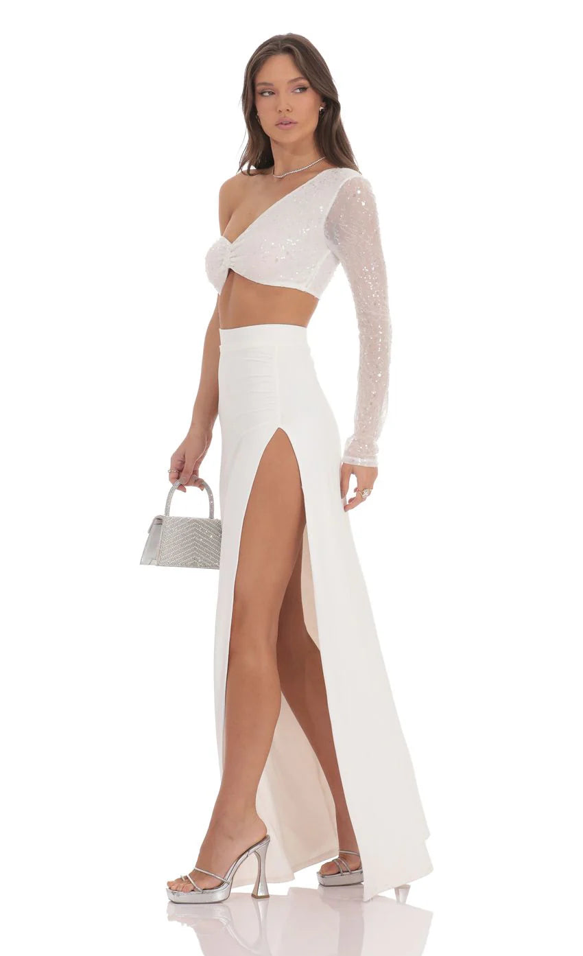 One Shoulder Sequin Maxi Dress in White