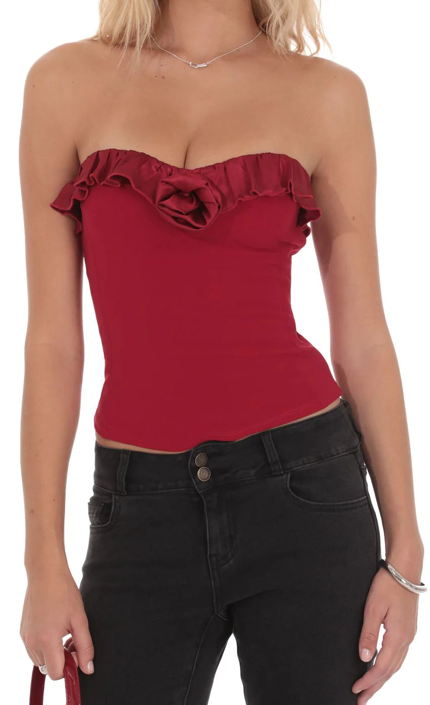 Satin Rosette Top in Red