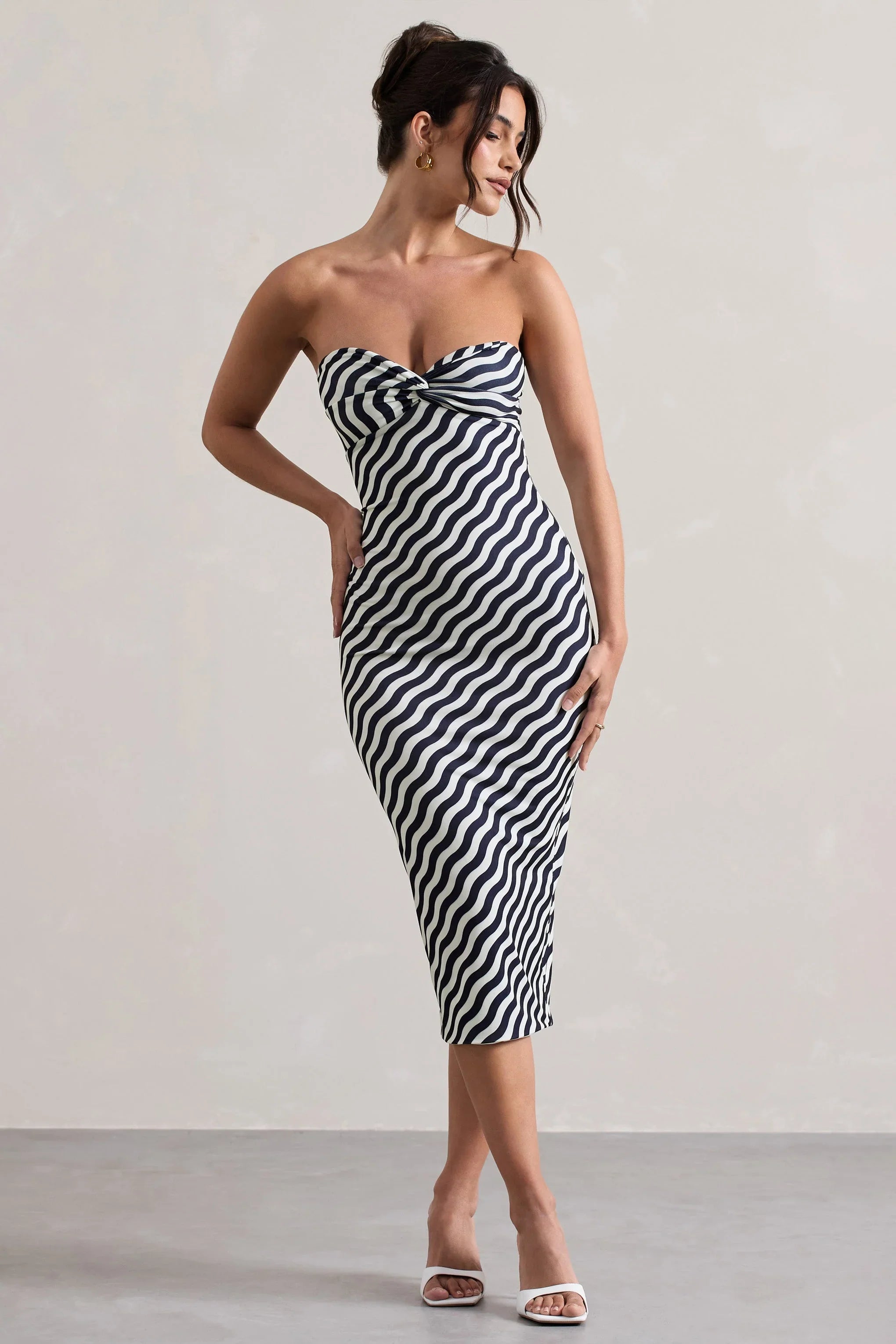 Reese Navy Wave Print Strapless Midi Dress