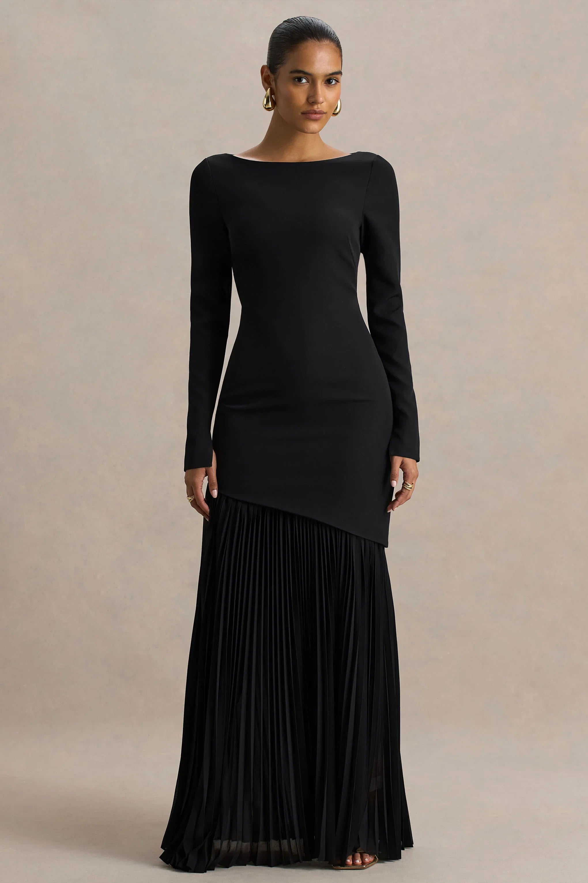 Yanira Black Crepe And Georgette Boat Neck Maxi Dress With Drop Waist