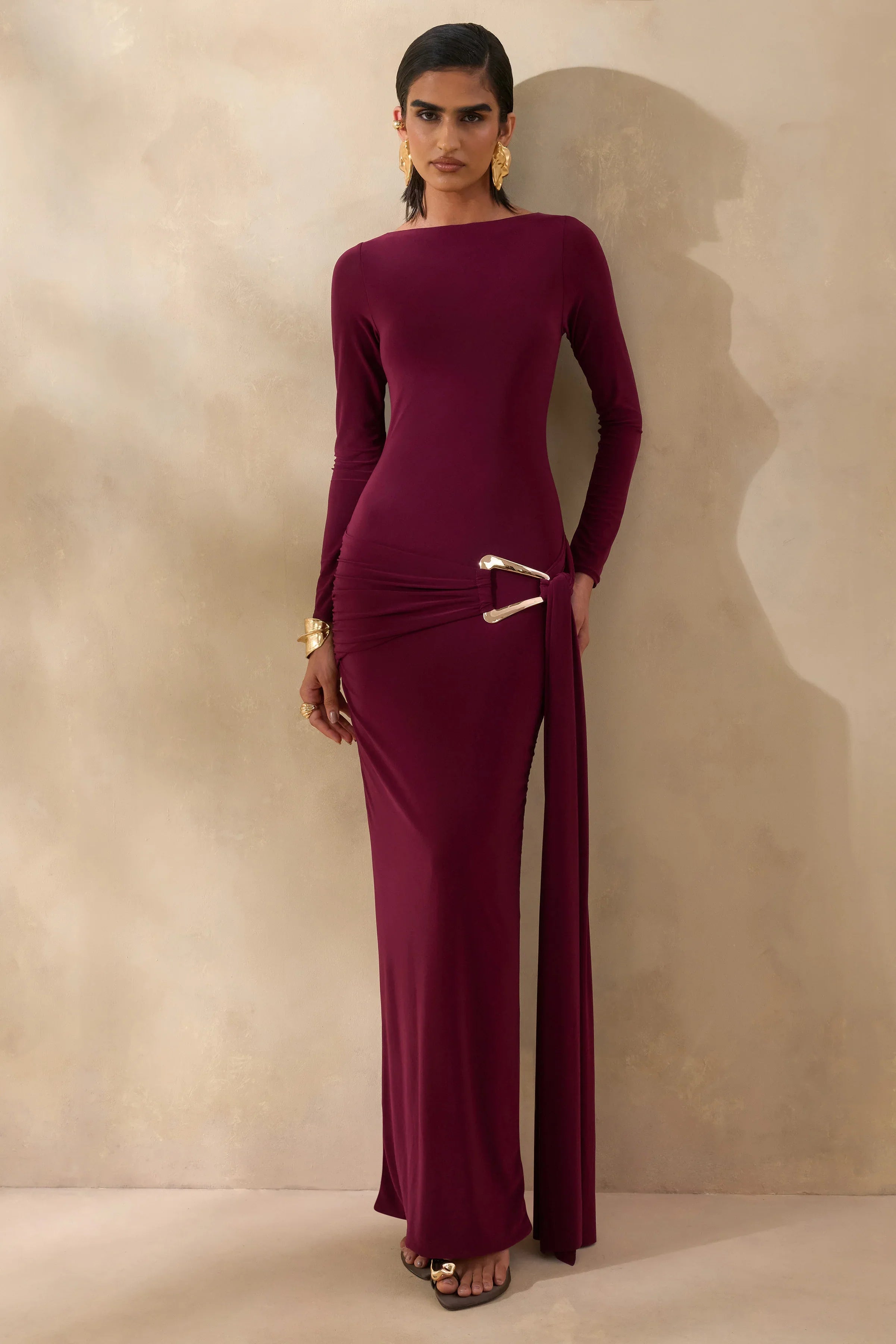 Astrielle Burgundy Wide Neck With Gold Detail And Sash