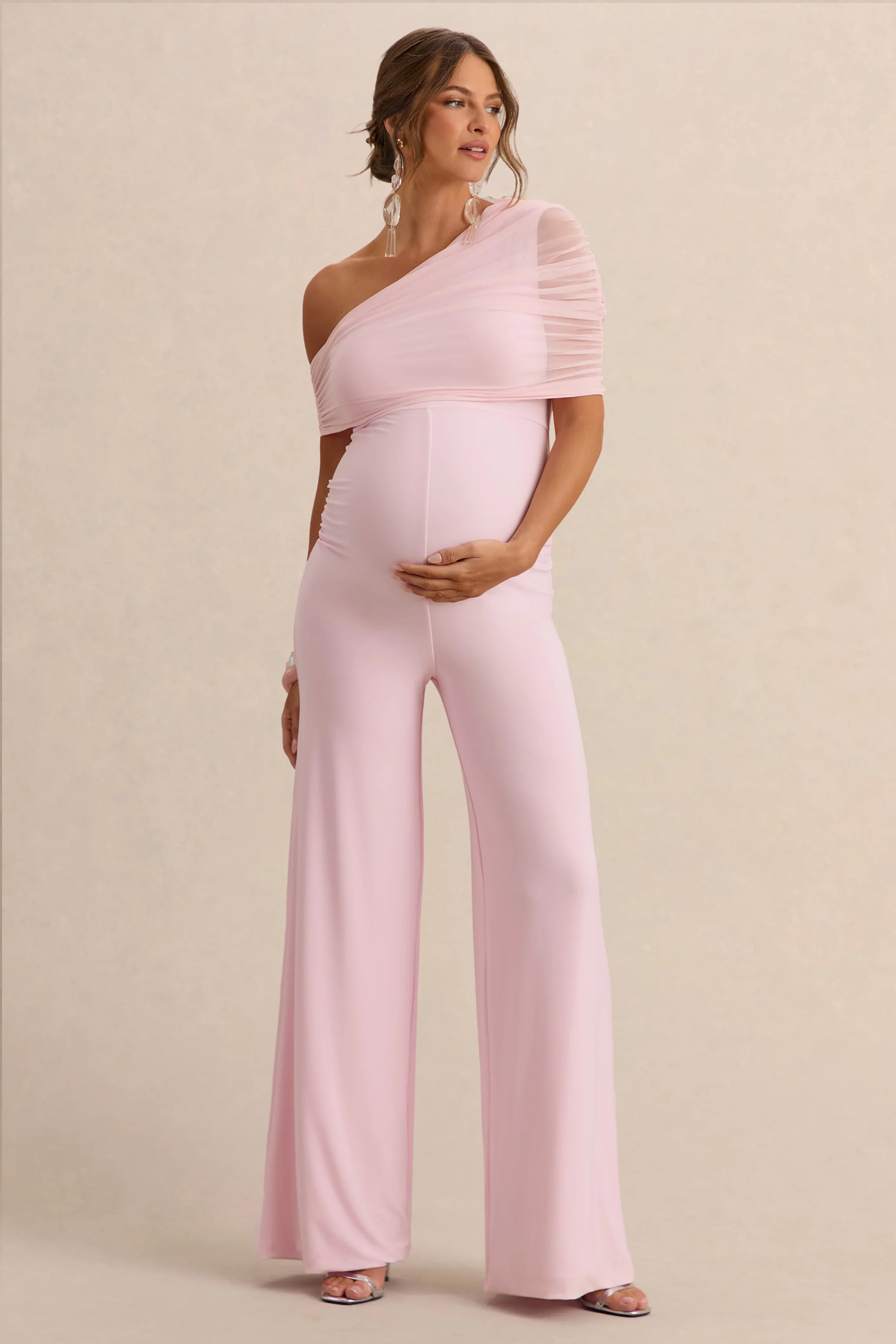 Mariska Light Pink Asymmetric Neck Maternity Jumpsuit With Sash Detail