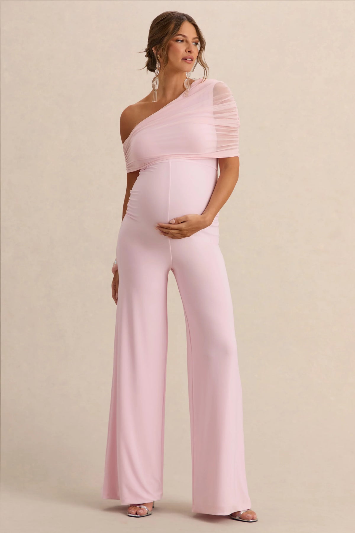 Mariska Light Pink Asymmetric Neck Maternity Jumpsuit With Sash Detail