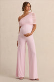 Mariska Light Pink Asymmetric Neck Maternity Jumpsuit With Sash Detail