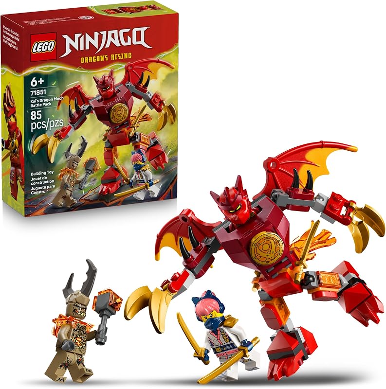 LEGO NINJAGO Kais Dragon Mech Battle Pack Building Toy for Boys Girls Kids Ages 6 Poseable Dragon Figure 3 Character Minifigures for Pretend Play Gift Idea for Birthdays 71851