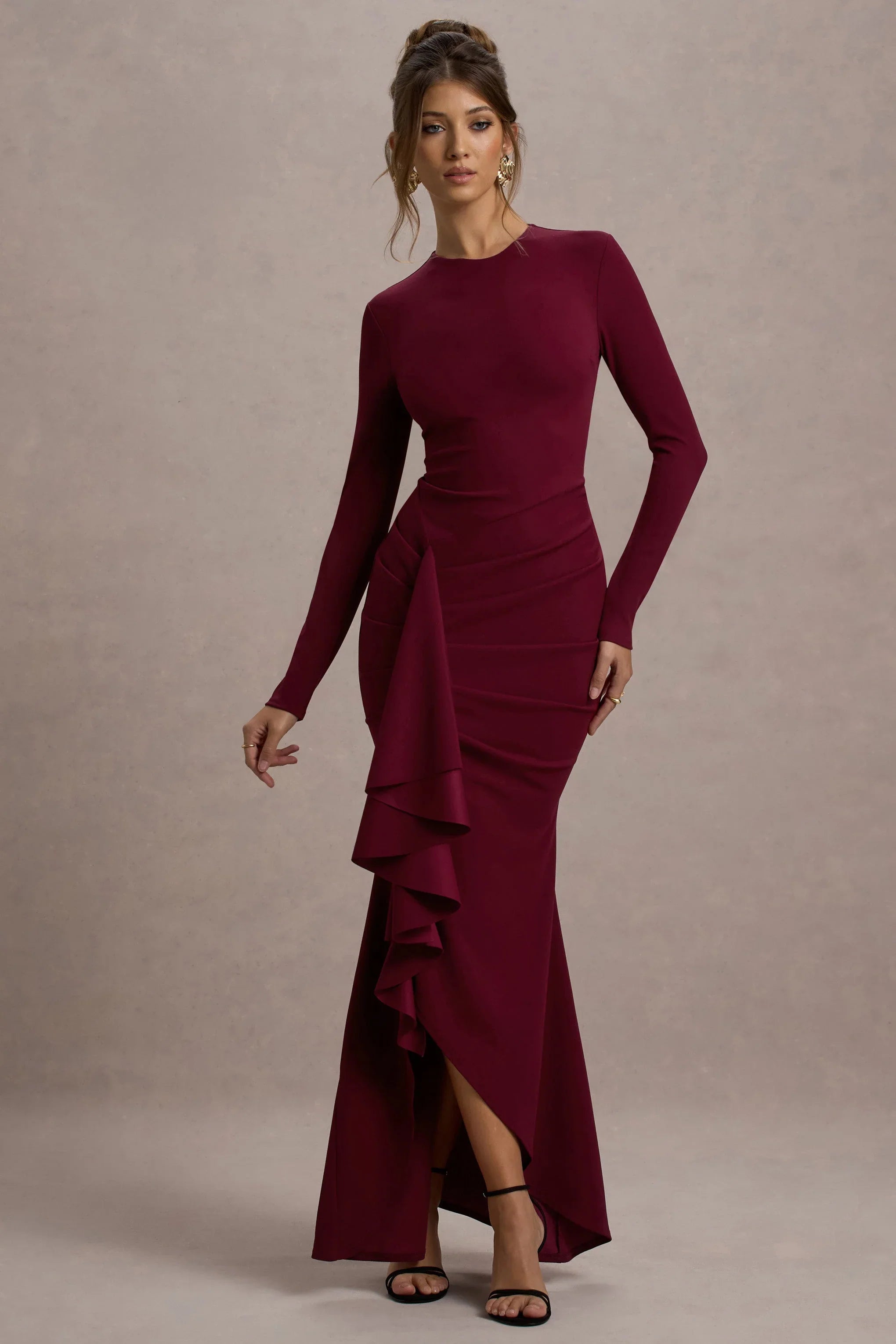 Alayna Berry Long Sleeve Maxi Dress With Ruffled Split