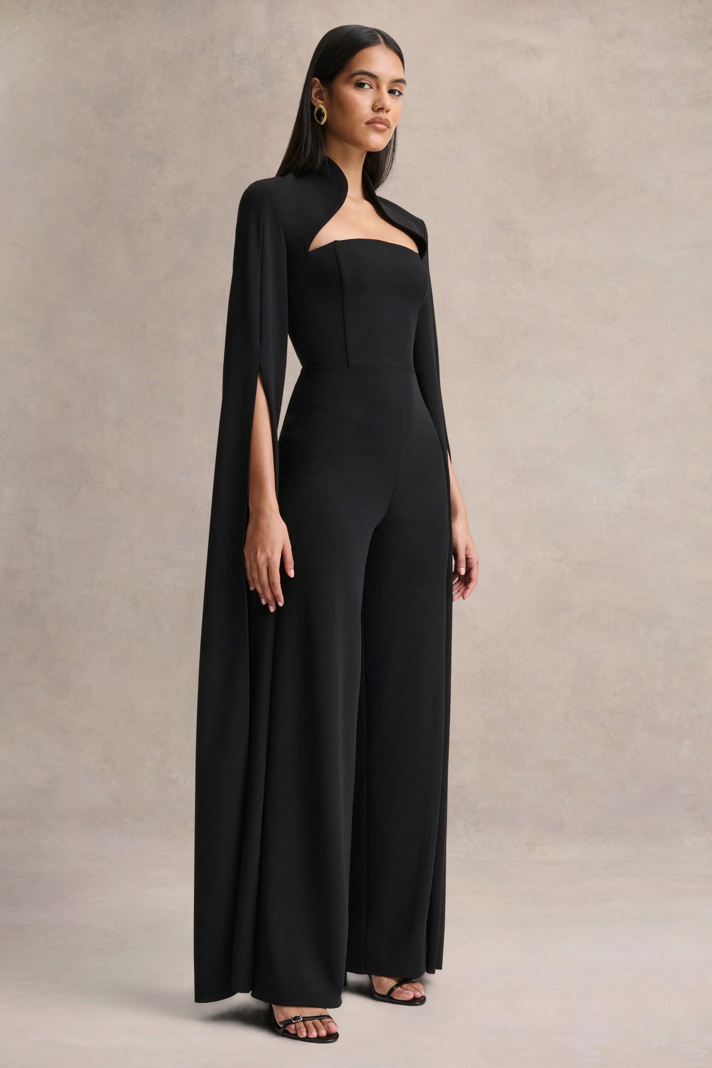 Elisabetta Black Square Neck Jumpsuit With Cape Sleeves