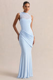 Lyssy Powder Blue High Neck Maxi Dress With Mesh Detail