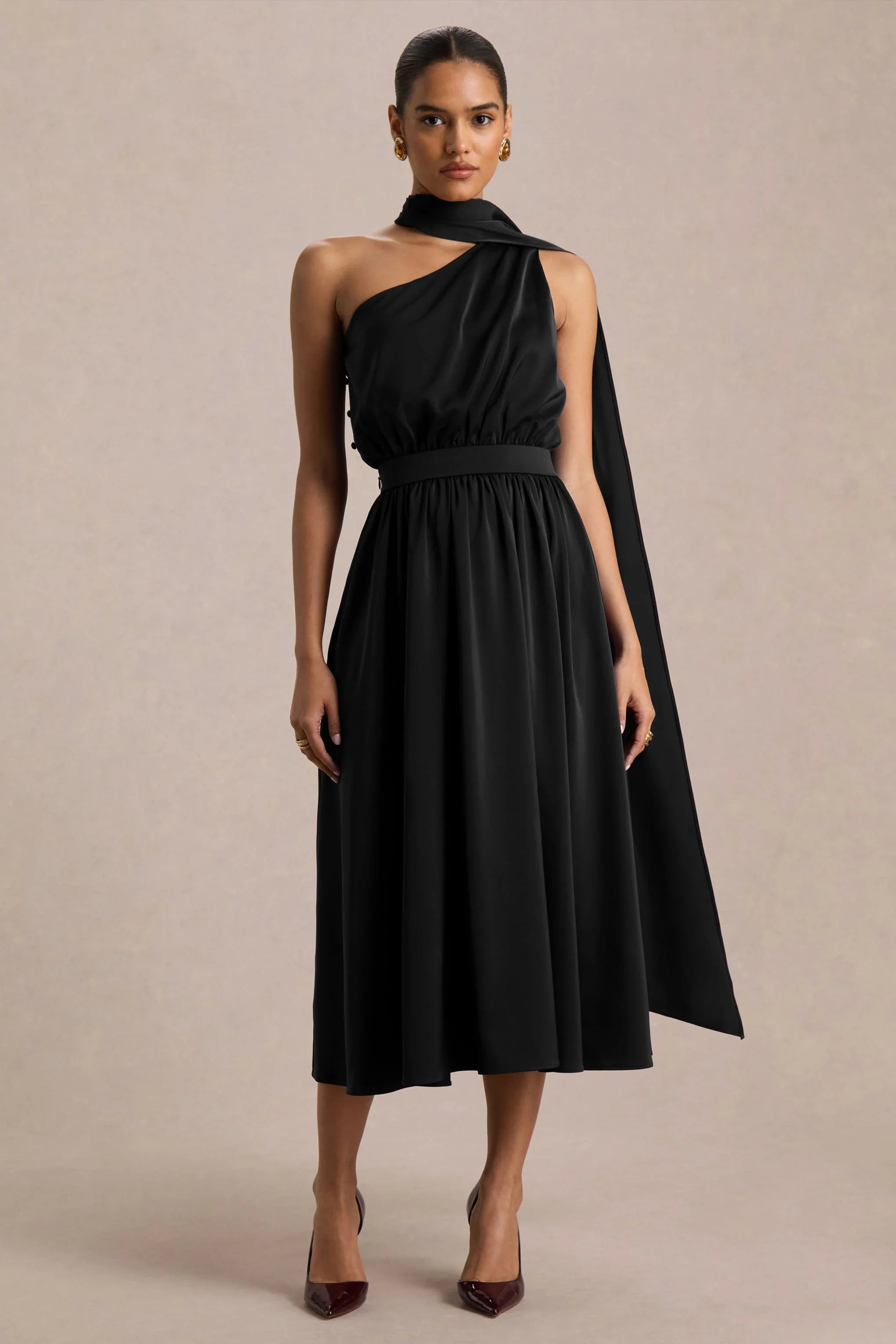 Caluna Black Satin Asymmetric Neck Midi Dress With Scarf Detail