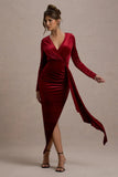 Arcadia Berry Velvet Plunge Neck Wrap Midi Dress