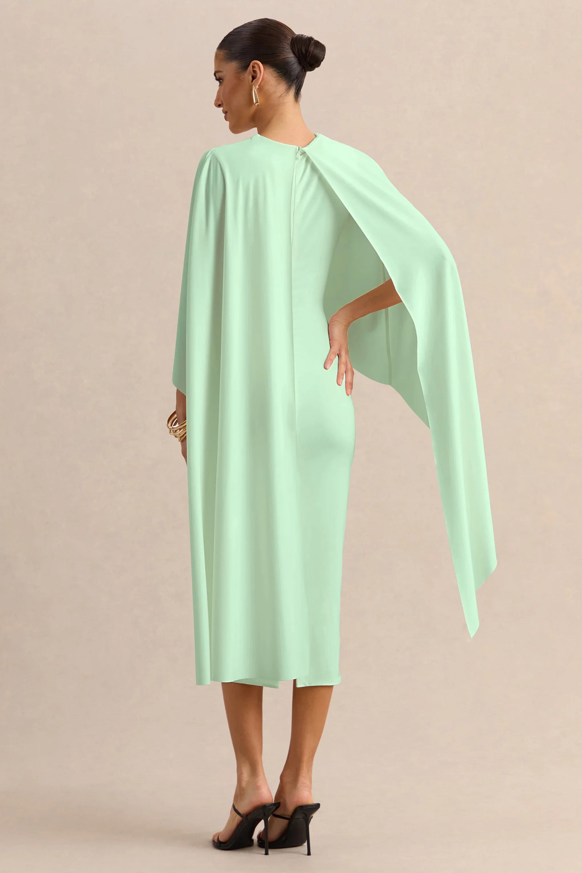 Luxalyn Green Round Neck Midi Dress With Cape Detail
