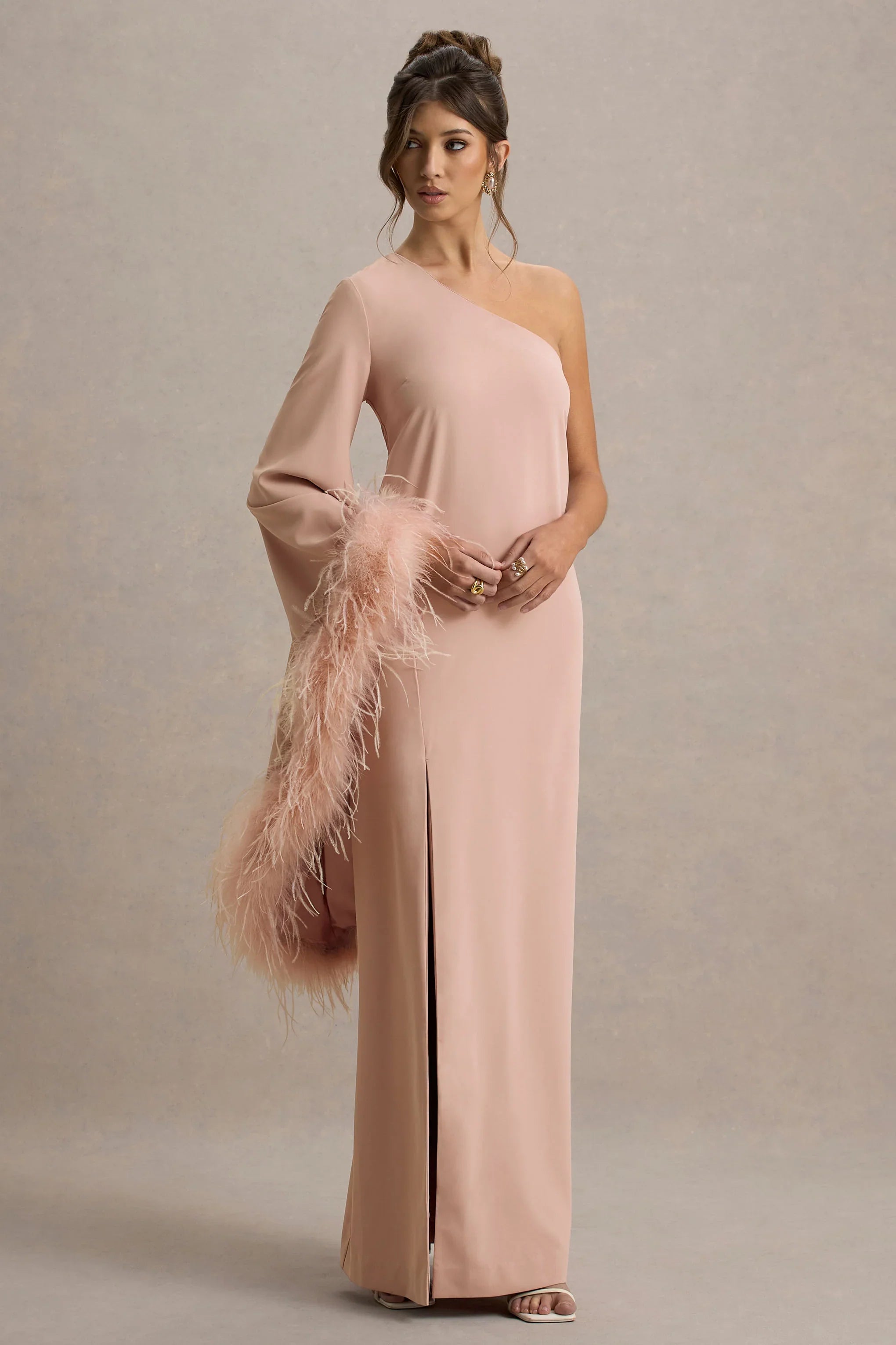Armina Blush Pink One Shoulder Feather Trim Maxi Dress